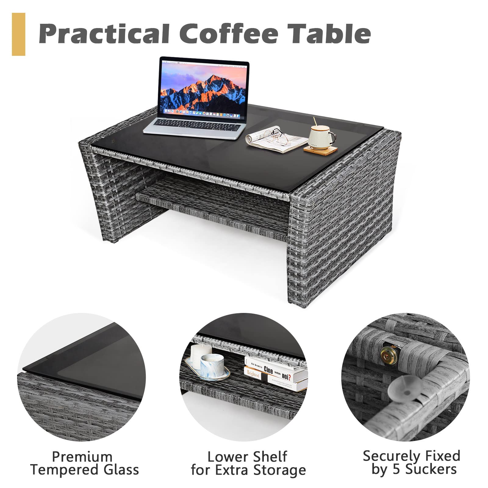 HAPPYGRILL 4-Piece Outdoor Rattan Patio Furniture Set with Cushions & Coffee Table - Wicker Sofa Sectional for Garden, Porch, Balcony, Poolside - Perfect for Relaxing, Entertaining & Outdoor Dining