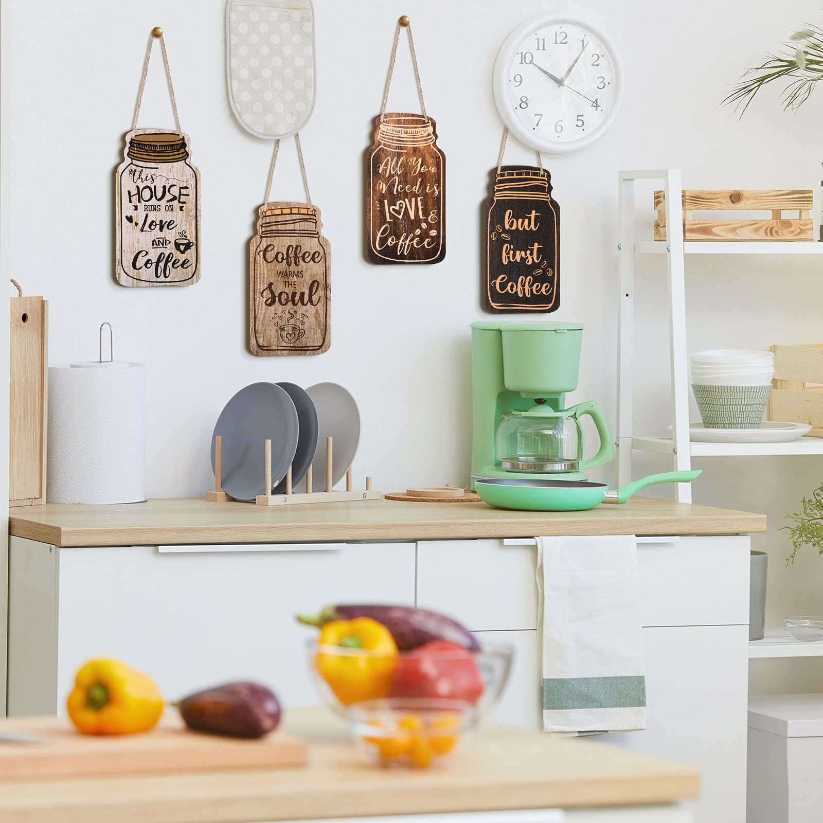 Jetec 4-Piece Farmhouse Wooden Coffee Bar Signs - Rustic Wall Hanging Plaques with 'But First Coffee' Quote - Perfect for Home, Office & Kitchen Decor | Ideal for Coffee Shops, Breakfast Nooks & Cozy Spaces