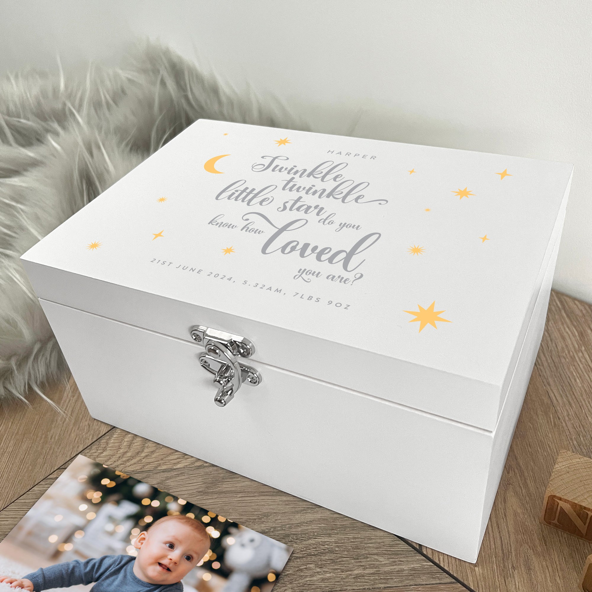 Personalized Twinkle Twinkle Baby Keepsake Box - White Wooden Memory Chest for Newborns (3 Sizes: 22cm, 27cm, 30cm) - Perfect for Baby Showers, Christenings & First Birthday Gifts