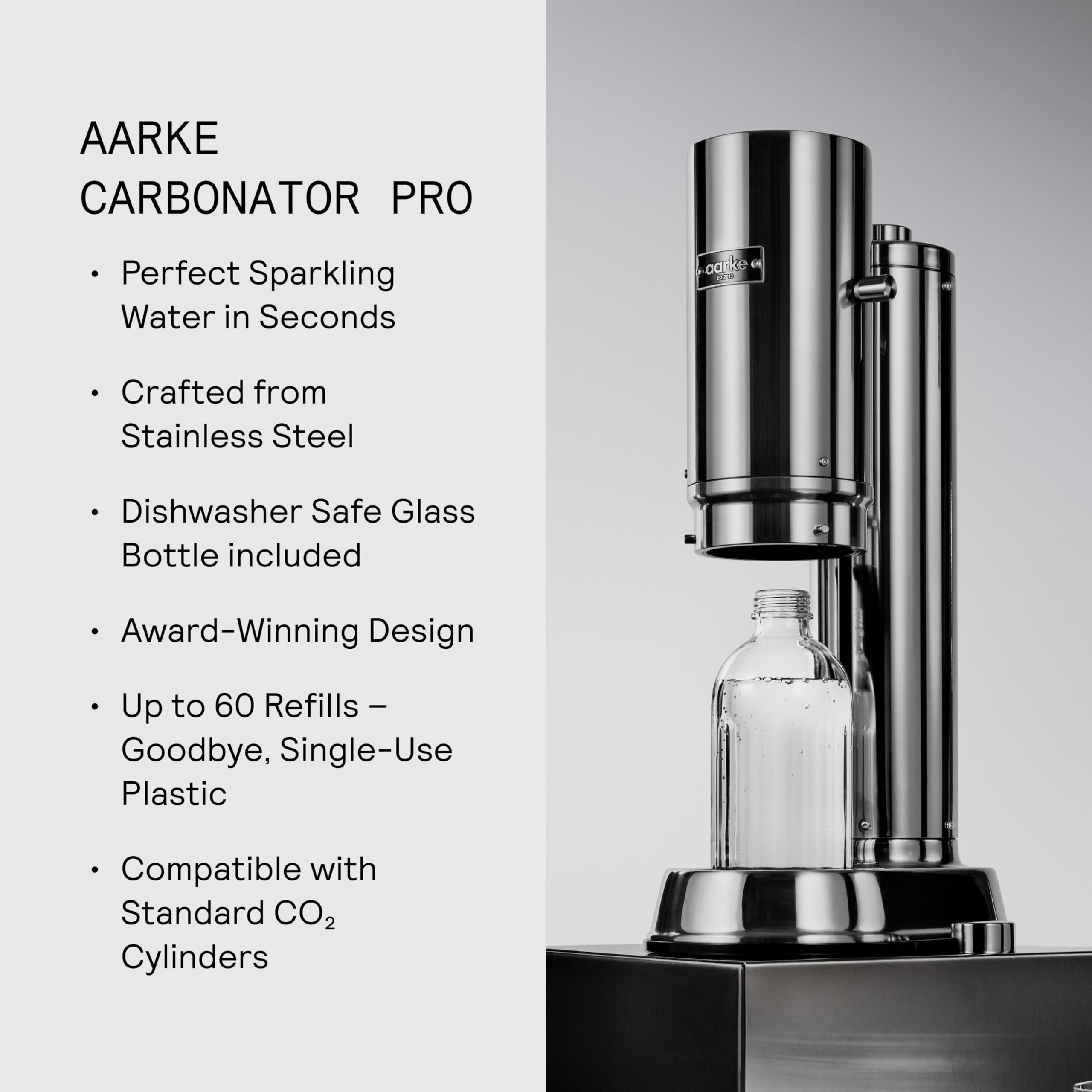 Aarke Carbonator Pro Premium Sparkling Water Maker - Stainless Steel Soda Machine with Glass Bottle for Home & Office | Make Carbonated Drinks, Cocktails & Healthy Seltzer Water