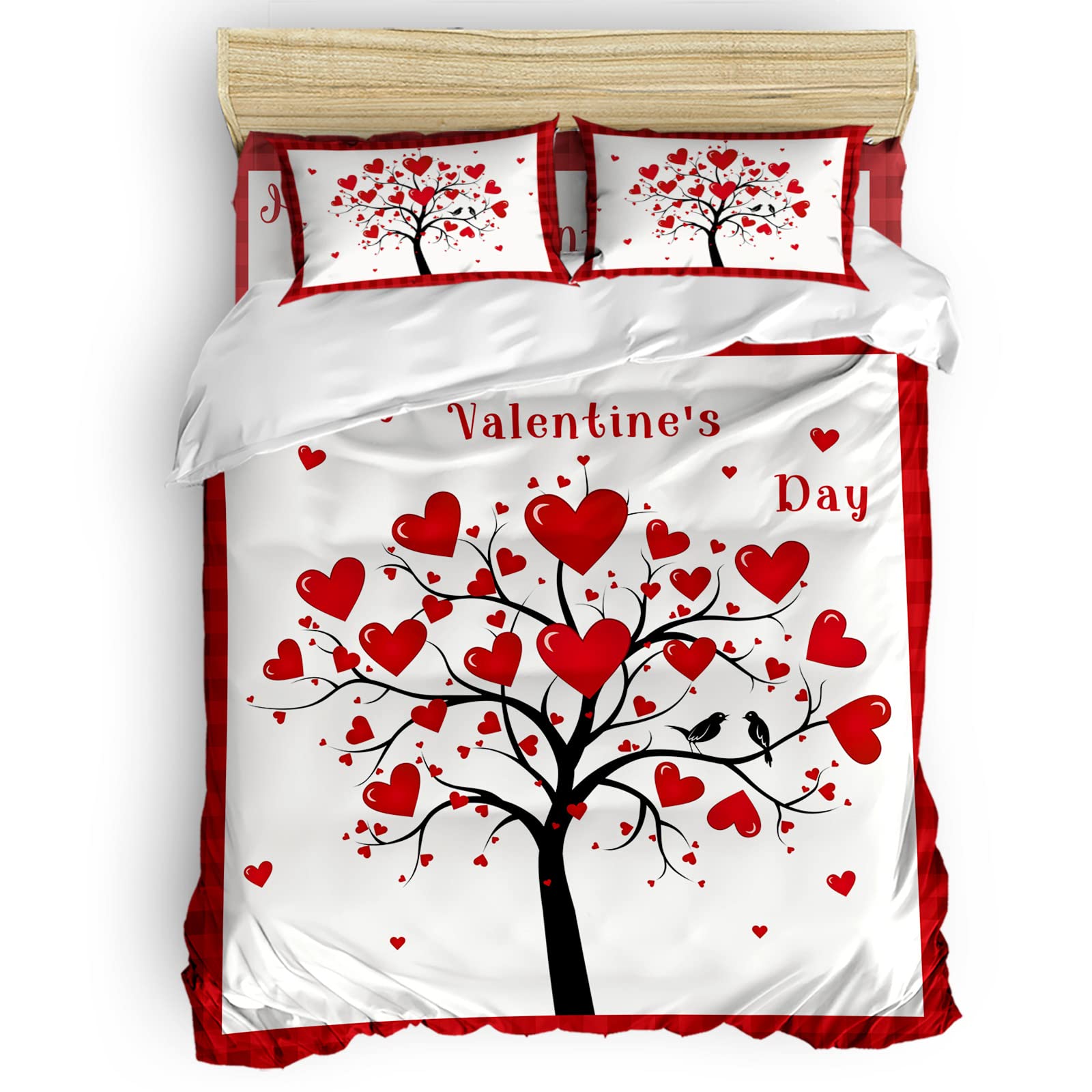 Valentine's Day 4-Piece Comforter Set - Red Heart & Checkered Design, Includes Duvet Cover, Fitted Sheet, 2 Pillowcases - All-Season Warmth for Couples Bedroom Decor | Perfect for Anniversary, Romantic Getaway & Valentine's Gift