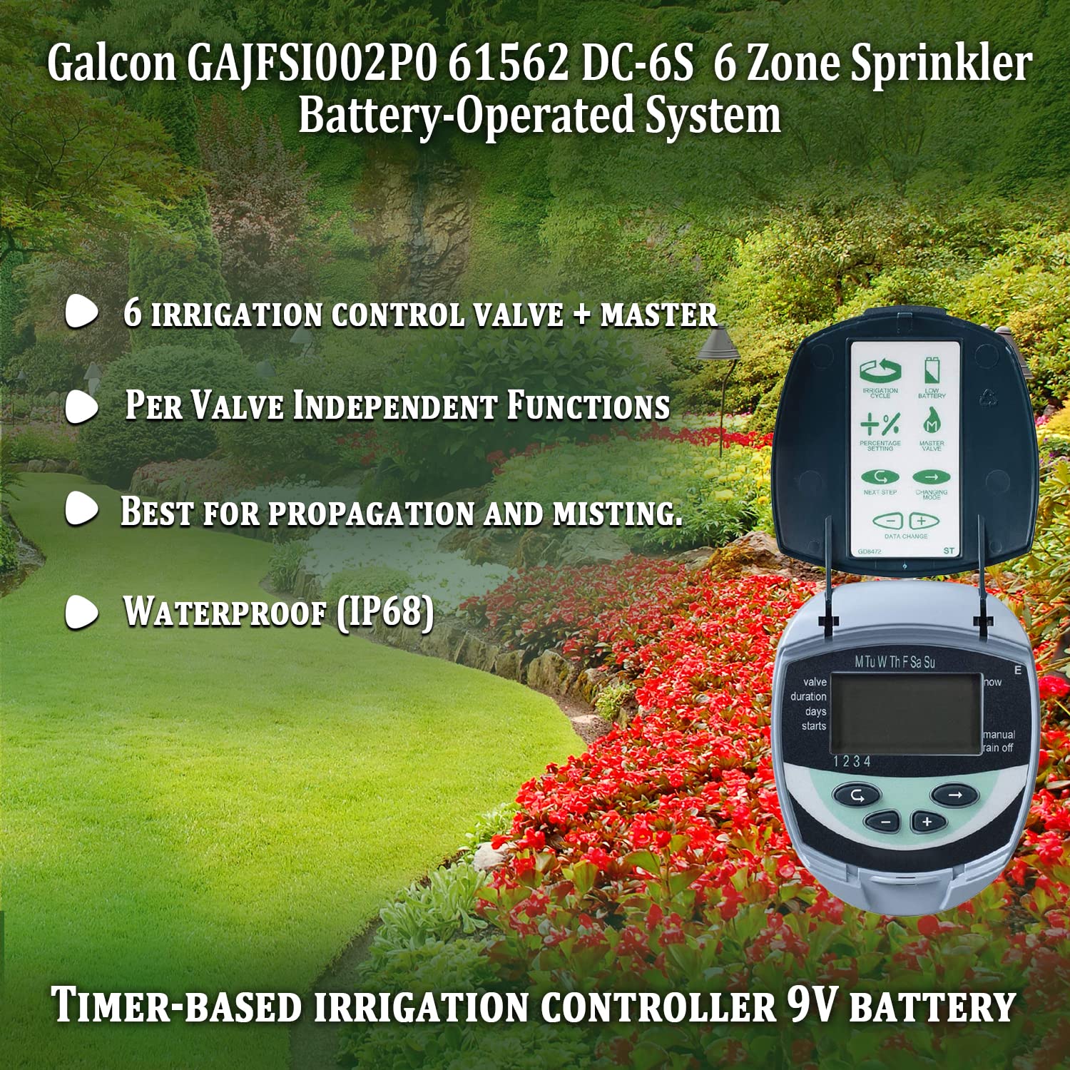 Galcon 61562 DC-6S 6-Station Battery Operated Irrigation Timer for Sprinkler & Drip Systems - Indoor/Outdoor Watering Solution with Daily/Cyclic Programs - Perfect for Home Gardens, Nurseries, Greenhouses & Propagation Misting (Model GAJFSI002P0)