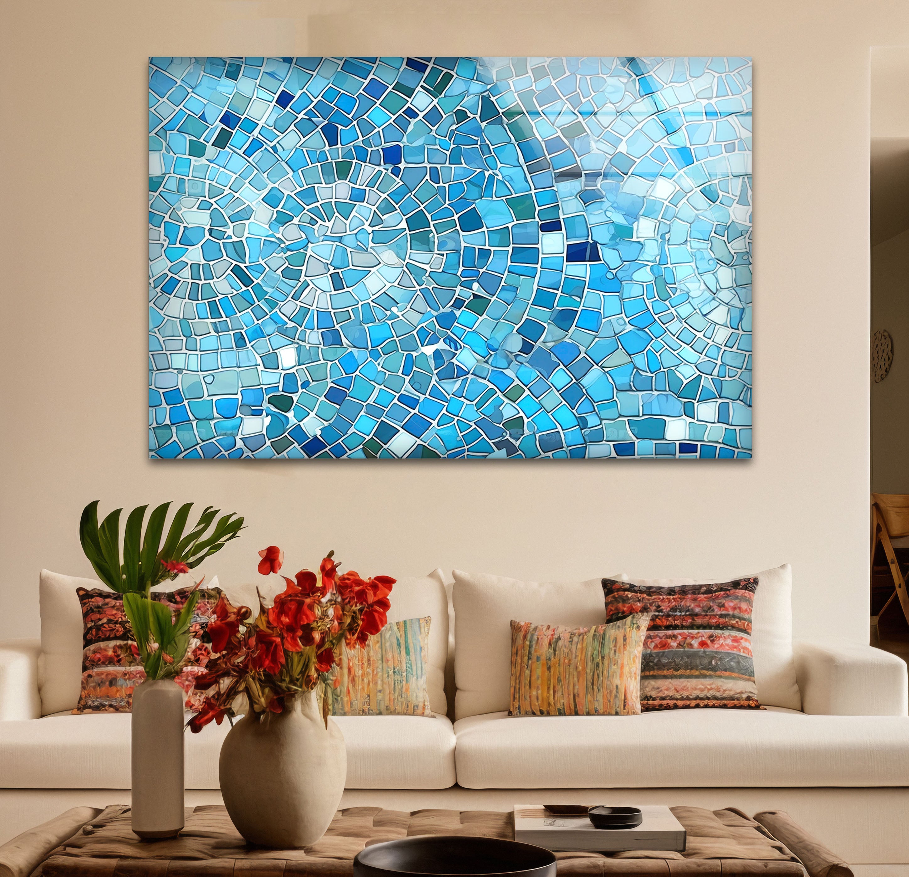 Aqua Blue Mosaic Glass Wall Art - Coastal Geometric Bathroom Decor for Spa, Beach House & Home - Perfect for Bathroom, Living Room, Bedroom Wall Decor