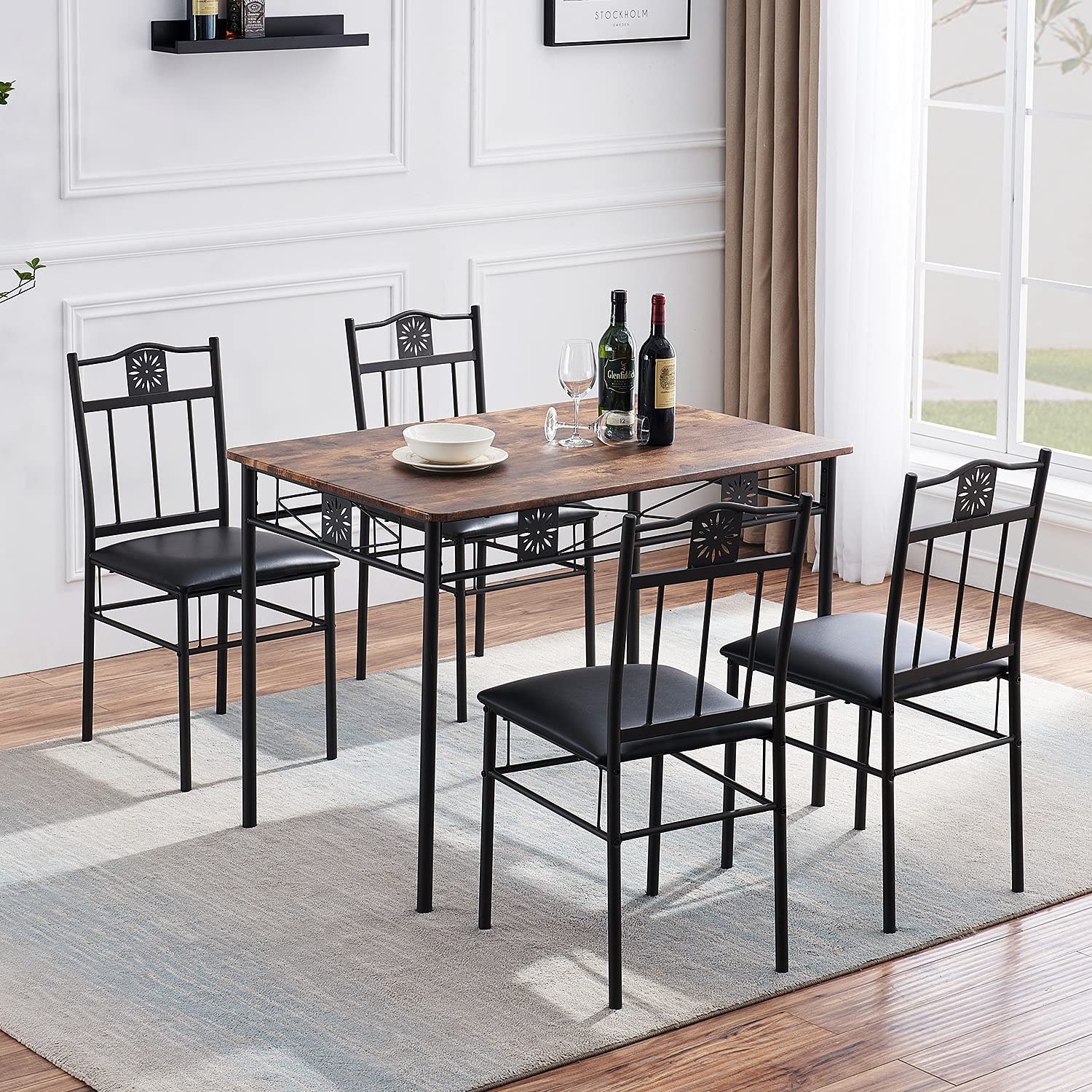 VECELO 5-Piece Retro Brown Kitchen Dining Table Set with 4 Chairs - Metal & Wood Rectangular Breakfast Nook for Small Spaces - Perfect for Apartments, Condos, and Cozy Family Meals