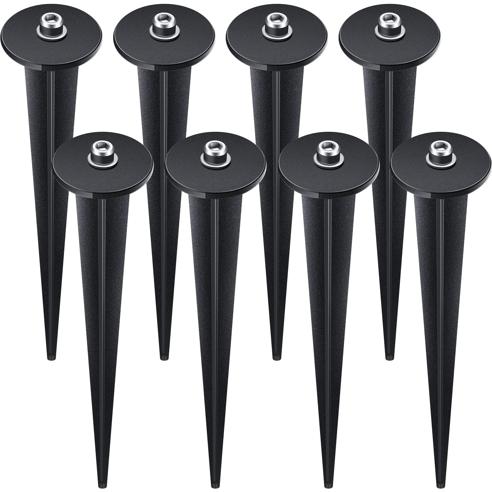8 Pack Threaded Spike Flood Light Ground Stakes - Metal Replacement Stakes for Solar Lights with Hex Screws - 6.3 Inch Black Outdoor Lighting Accessories for Garden, Yard, Pathway & Lawn Decoration