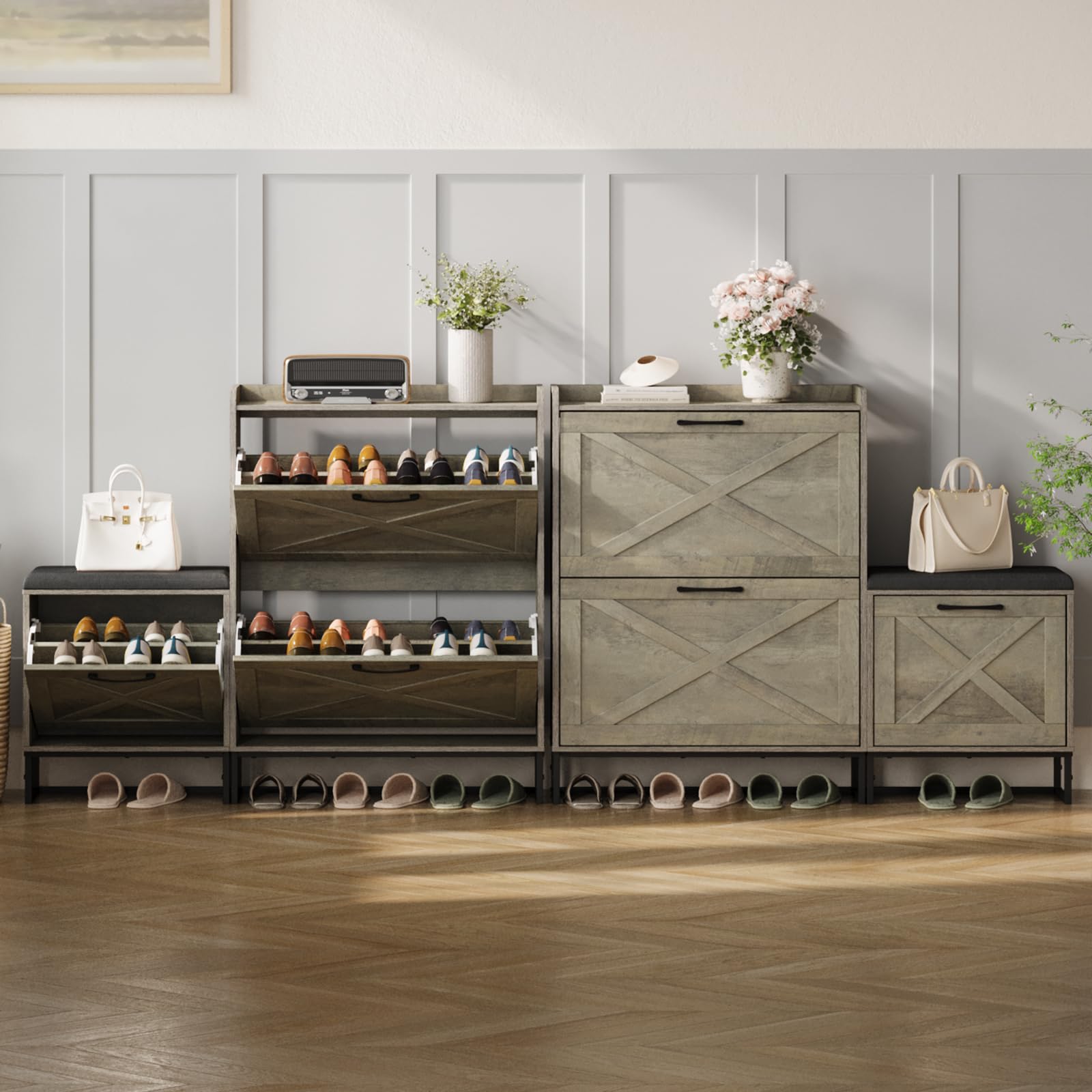 Maupvit 3-Tier Flip Shoe Storage Cabinet with Bench - Holds 20 Pairs of Shoes, Space-Saving Entryway Shoe Organizer for Hallway, Living Room & Small Spaces - Grey (Perfect for Apartments, Dorms & Closet Organization)