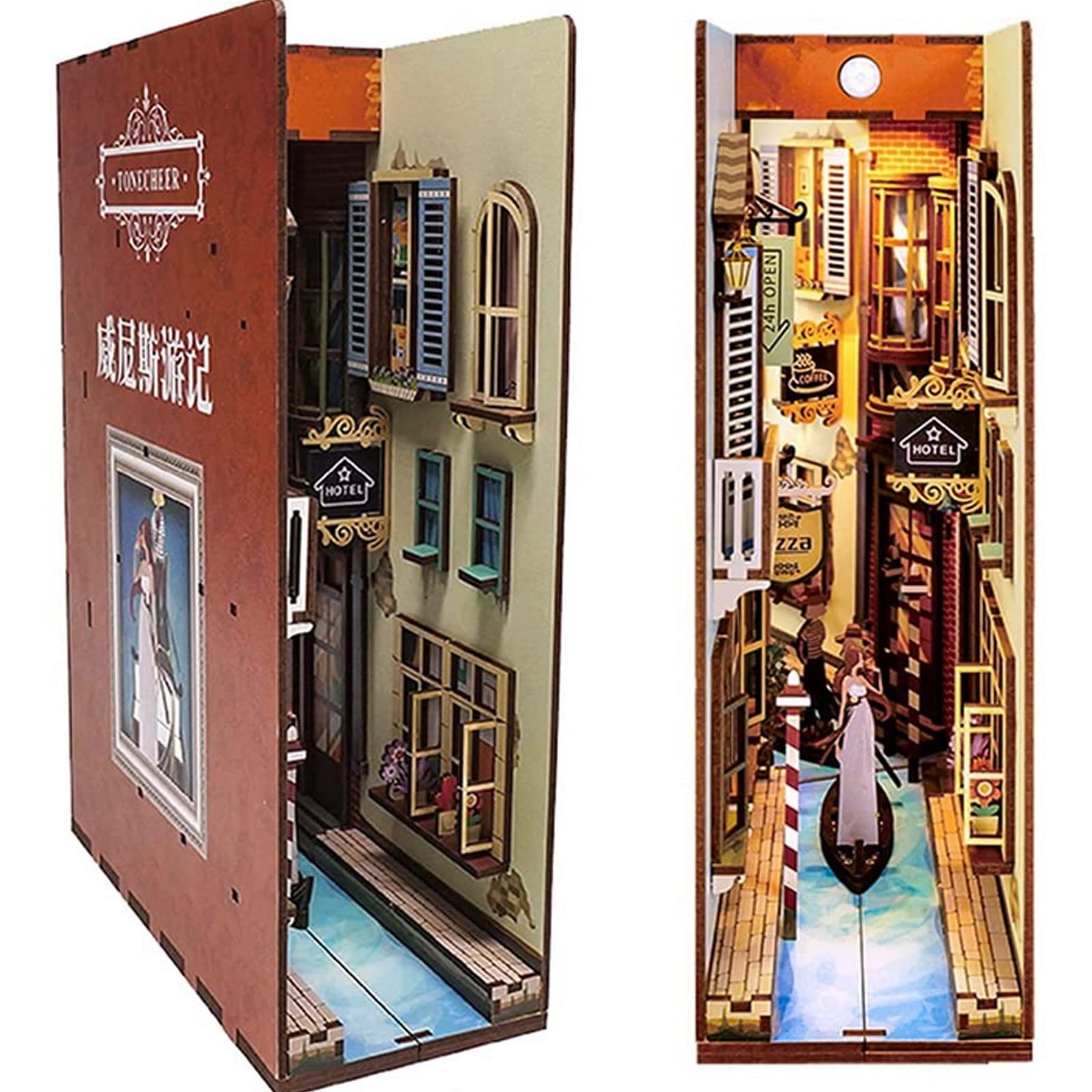 DIY Wooden Book Nook Kit - 3D Puzzle Bookshelf Decor with LED Induction Light | Venice Travel Theme | Perfect for Kids' Room, Home Library & Gift Giving
