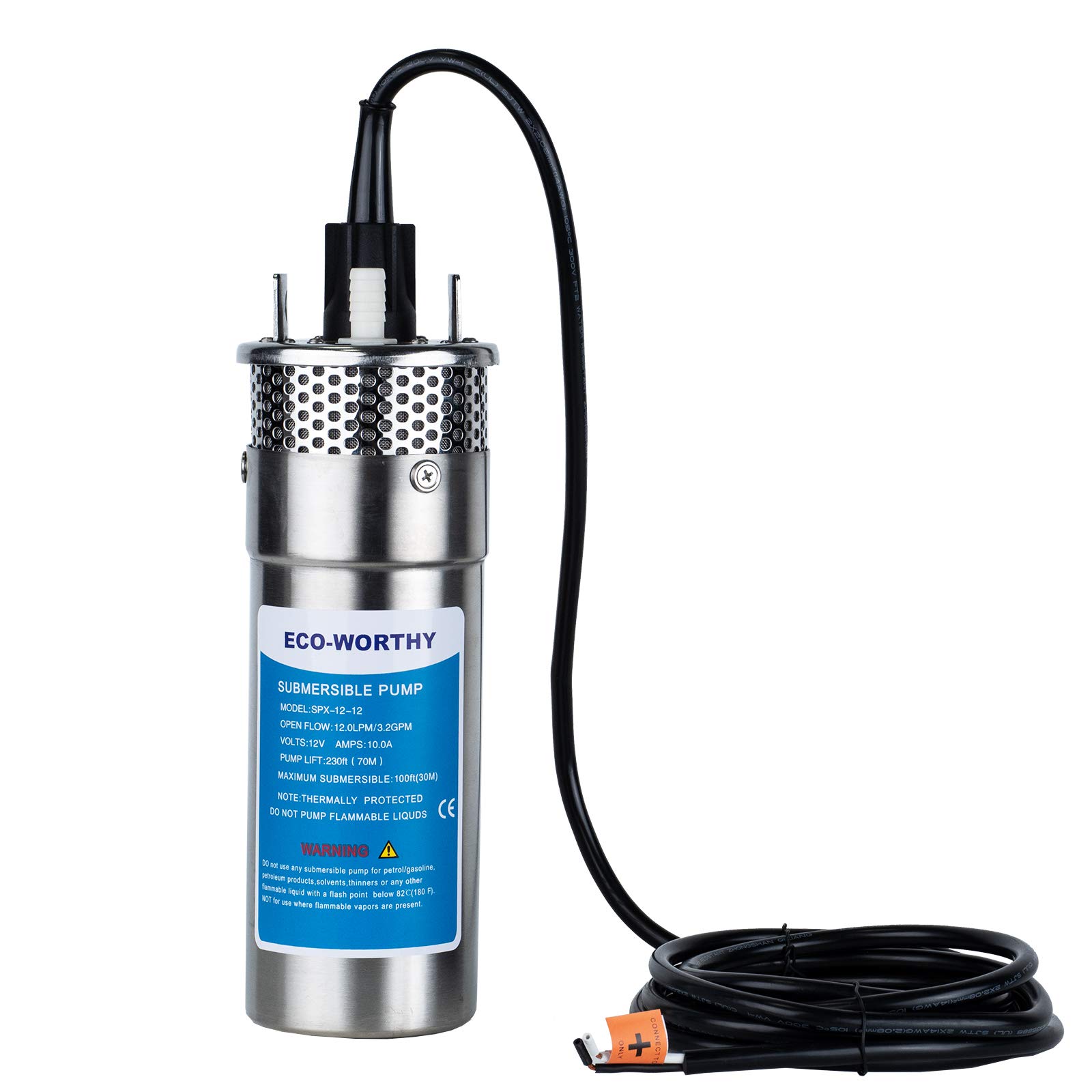 ECO-WORTHY 12V DC Submersible Deep Well Water Pump - 3.2GPM Flow Rate, 230ft Max Head, Solar/Battery Powered - Ideal for Wells, Livestock Watering, Irrigation & Tank Filling | Perfect for Off-Grid Homes, Farms & Emergency Water Supply