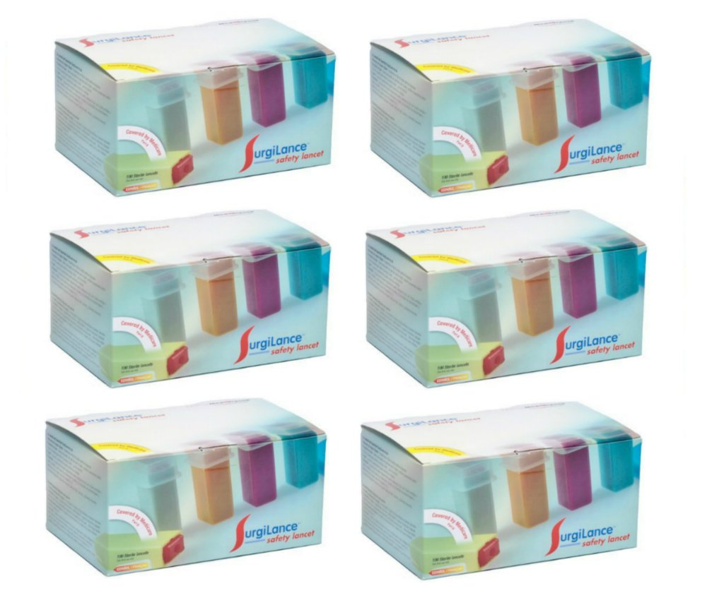 Surgilance Safety Lancet Orange Medium Flow - Model SLN240 - 6 Boxes of 100 Each - Perfect for Diabetes Testing, Blood Sampling & Home Health Monitoring