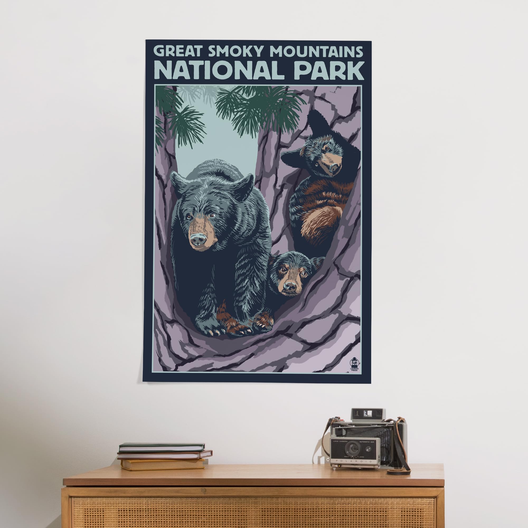 Lantern Press 24x36 Inch Giclee Art Print - Great Smoky Mountains National Park Tennessee Black Bear and Cubs in Tree - Premium Wall Decor for Living Room, Bedroom & Office
