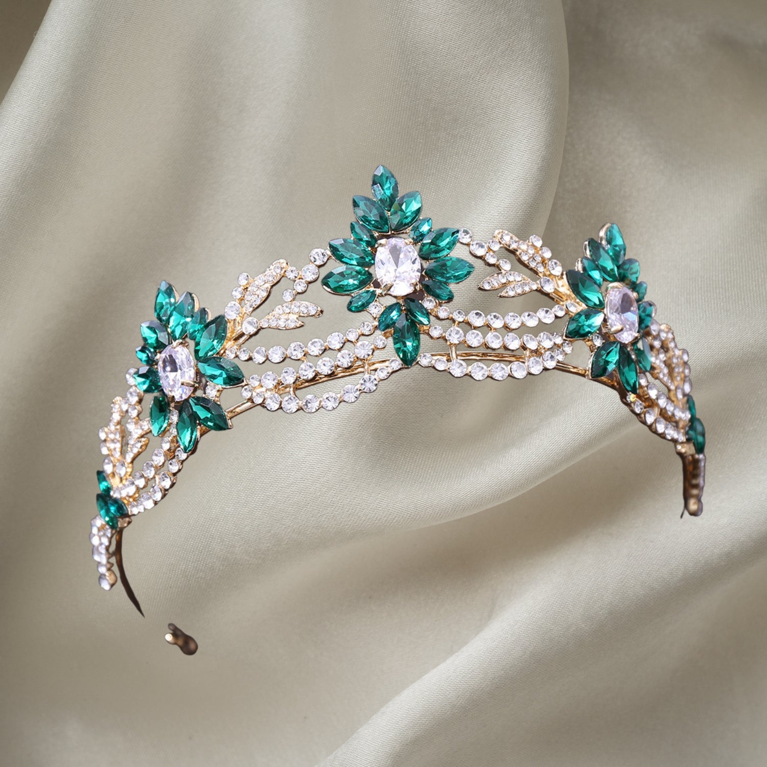 Queen Crystal Crown Bridal Tiara for Women - Vintage Rhinestone Princess Crown with Green Accents | Perfect for Weddings, Prom, Pageants & Costume Parties