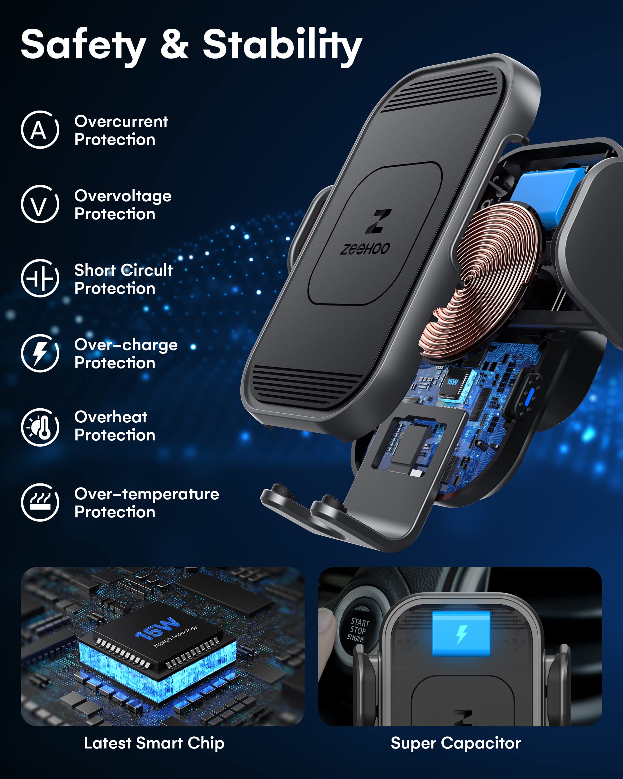 ZEEHOO 15W Fast Wireless Car Charger - Auto Clamping Phone Mount Holder for iPhone 15/14/13/12/11 Pro Max/XS & Samsung Galaxy S23+/S22 (Grey) | Secure Charging While Driving, Perfect for Commuters & Road Trips