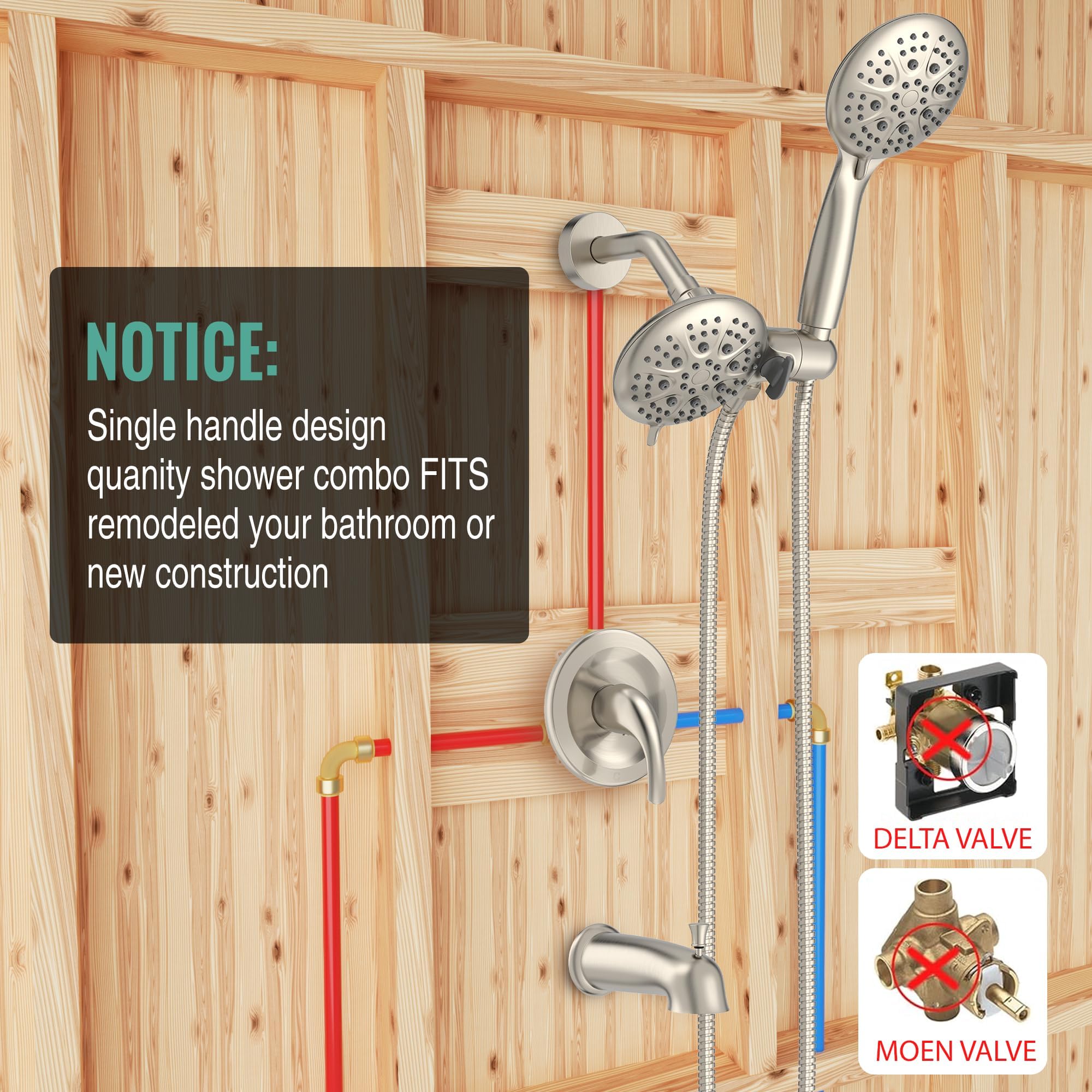 SR SUN RISE 35-Function Dual Shower System with Rain Shower Head & Tub Spout - High Pressure 2-in-1 Shower Combo Faucet Set in Brushed Nickel - Includes Patented 3-Way Diverter Valve - Perfect for Bathroom Renovation & Spa-Like Shower Experience