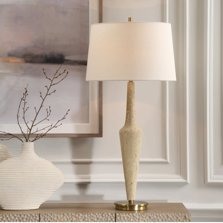 Sienna Travertine Table Lamp - Natural Stone Base with Linen Shade, Modern Bedside Lighting for Bedroom, Living Room & Office Decor