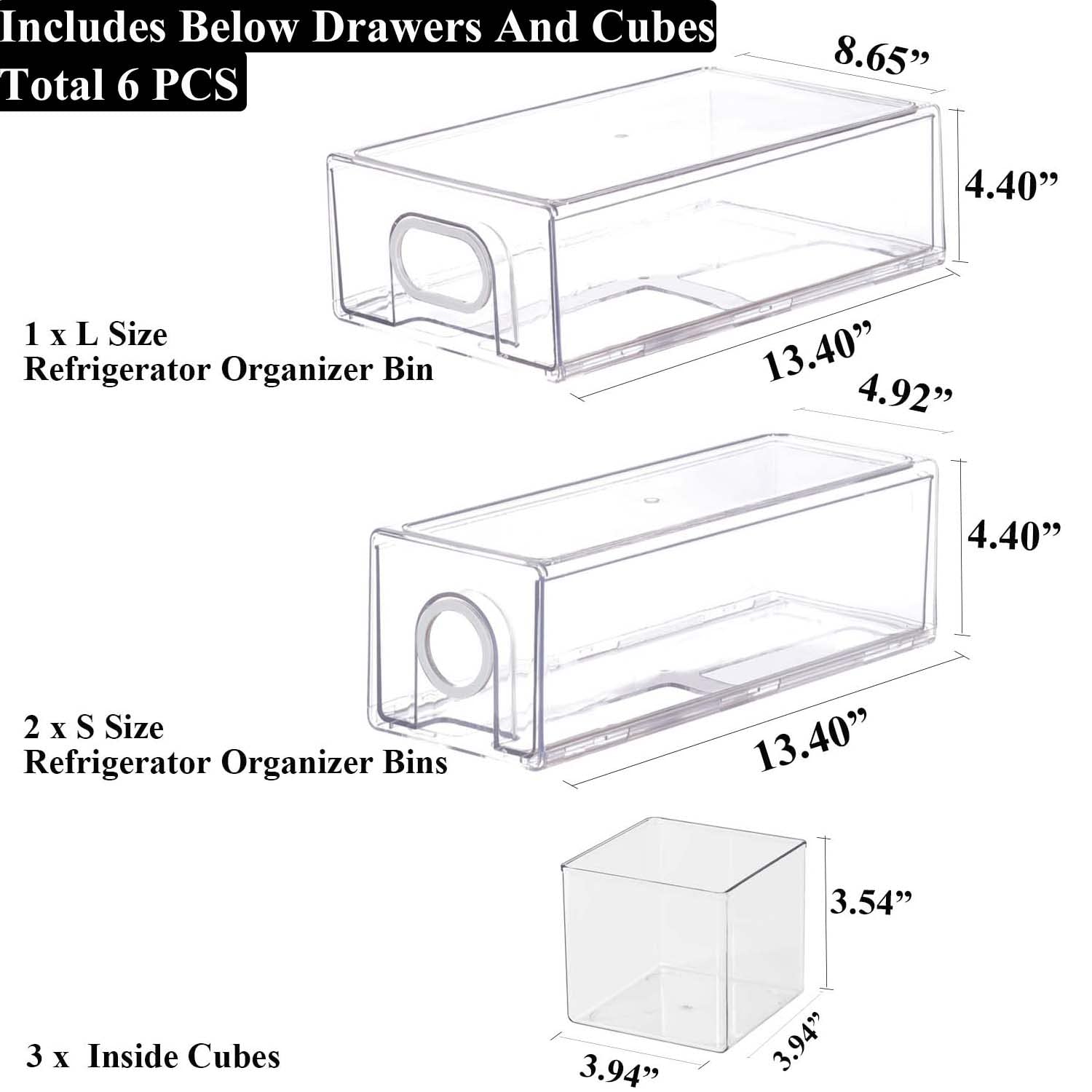 6-Piece Stackable Refrigerator Organizer Set with 3 Drawers & 3 Bins - Heavy Duty Fridge Storage Bins with White Handles for Easy Pull-Out Access - Perfect for Kitchen Organization, Grocery Storage & Meal Prep