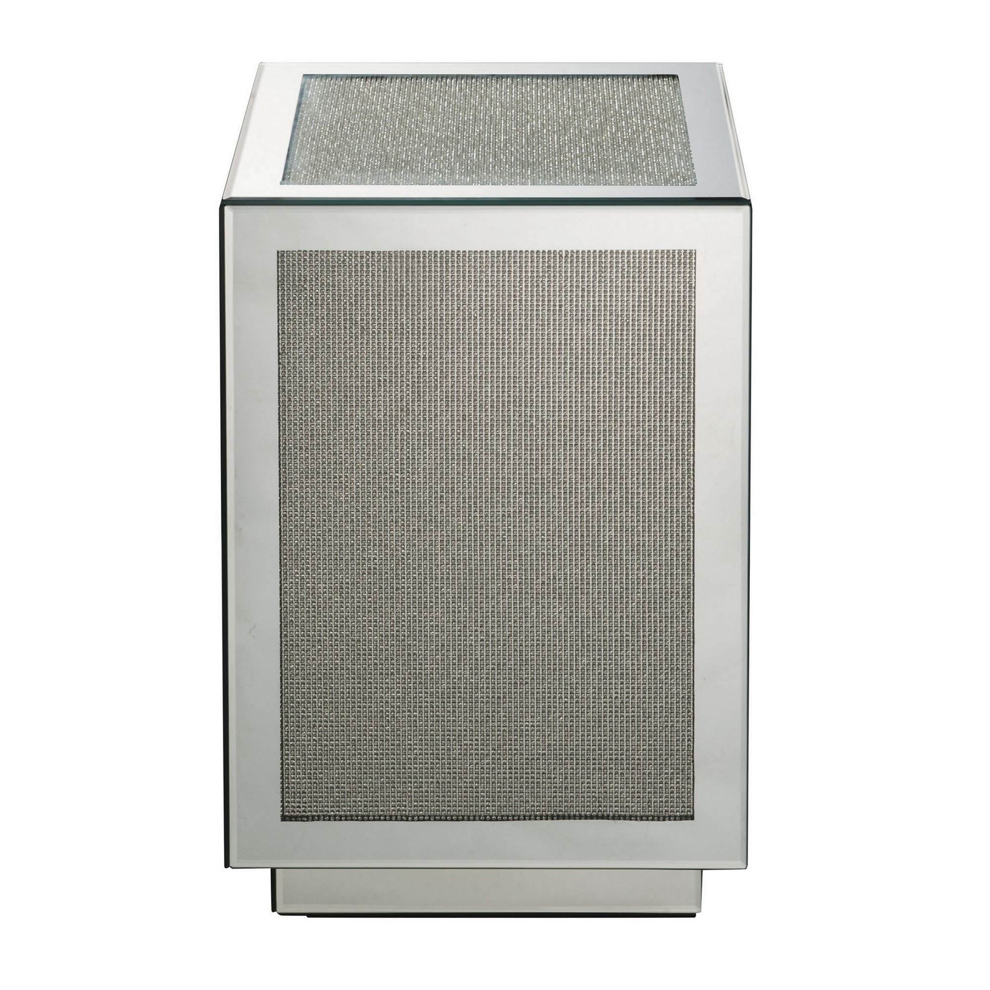 Benjara Silver Mirrored Accent Table with Faux Diamond Inlay & Glass Top - Elegant Living Room, Bedroom, or Entryway Decor