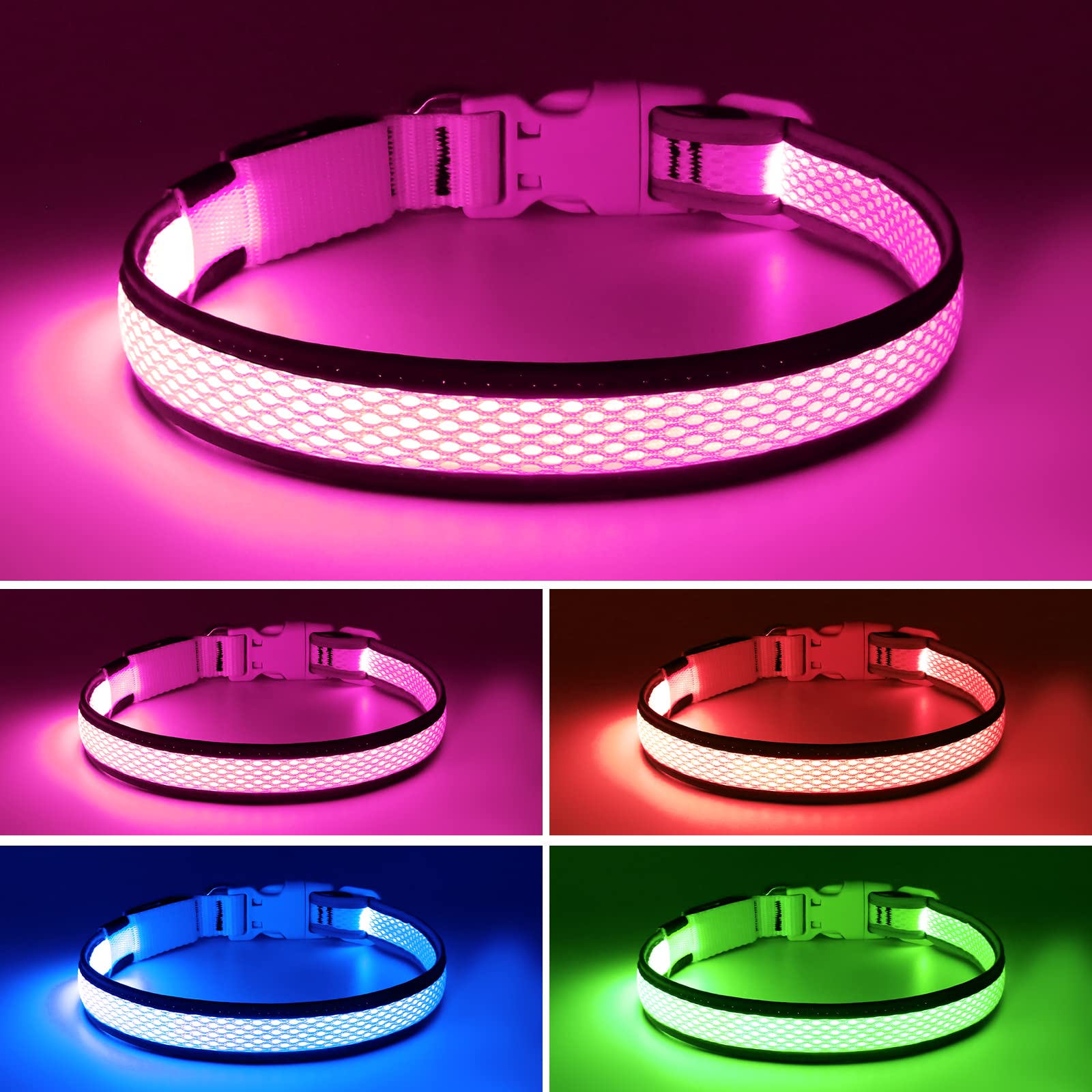 Flashseen LED Dog Collar - USB Rechargeable Light Up Safety Collar with Adjustable Soft Mesh for Small Medium Large Dogs (Large, Candy Pink) - Perfect for Night Walks, Jogging & Outdoor Adventures
