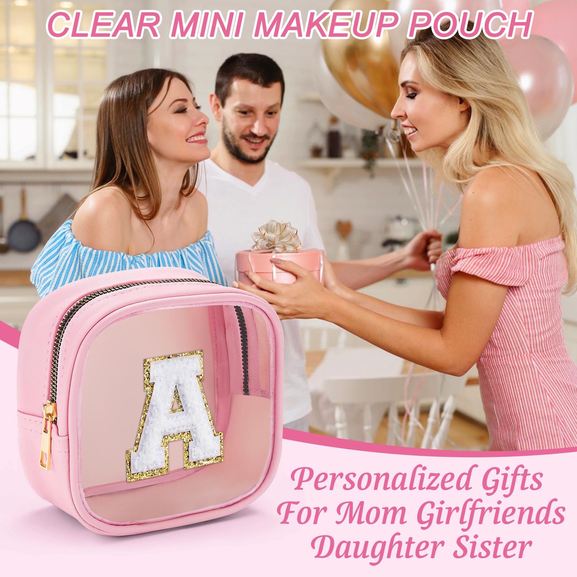 YOOLIFE Initial Mini Makeup Bag - Clear Travel Toiletry Cosmetic Organizer | Preppy Pink Makeup Pouch for Women & Teens | Perfect Gift for Girlfriend, Teacher Birthday | Great for Travel, Gym & Daily Essentials Storage