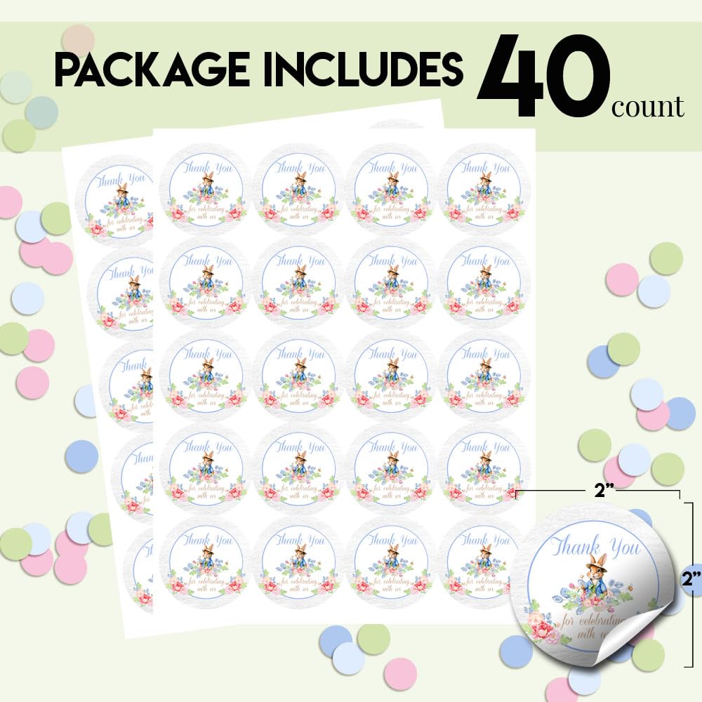 Adorable Little Rabbit Themed Birthday Thank You Stickers for Kids - 40 Pack 2 Inch Round Party Labels by AmandaCreation - Perfect for Party Favors, Envelope Seals, Goodie Bags & Kids Birthday Celebrations