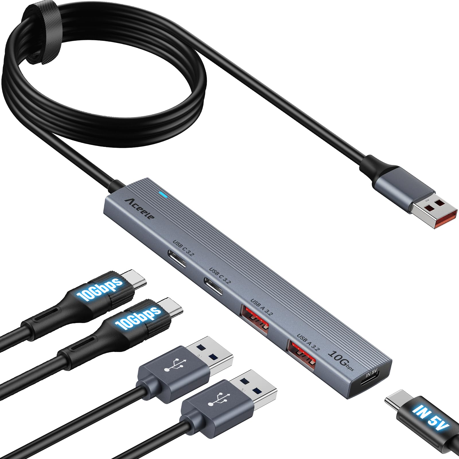 Aceele 10Gbps USB Hub 3.2 with 2 USB A & 2 USB C Ports - High Speed USB Splitter with 4Ft Extension Cable - Aluminum USB Extender for Laptop, PC, PS4/5, Hard Drive - Perfect for Gaming, Work & Data Transfer