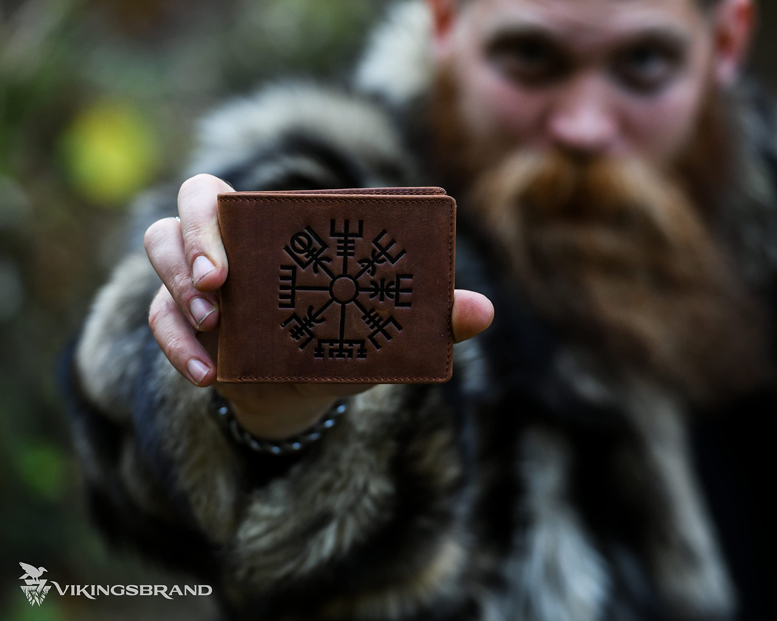 Viking Vegvisir Engraved RFID Blocking Leather Wallet - Genuine Crazy Horse Leather Bifold Wallet with Runic Compass Design for Men, Holds 10 Cards (Brown) - Perfect for Travel, Daily Use & Gift Giving