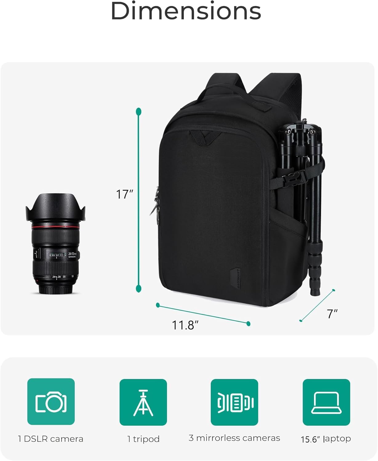 Bagsmart DSLR SLR Camera Backpack - Water Resistant with Rain Cover, Fits 15.6 Inch Laptop & Tripod Holder - Unisex Camera Bag for Photographers, Travel & Outdoor Shooting (Black)