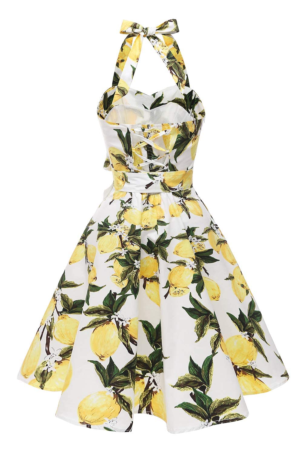 Vintage Polka Dot Audrey Dress for Women - 1950s Retro Halter Cocktail Dress in White & Lemon | Perfect for Cocktail Parties, Weddings, and Vintage-Themed Events