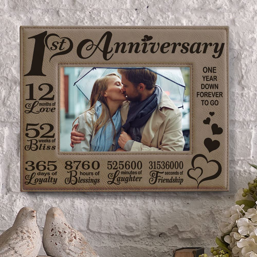KATE POSH 1st Anniversary Engraved Leather Picture Frame - Personalized Couple Gift for Him & Her, 4x6 Horizontal Wedding Photo Frame | Perfect for Paper Anniversary, Home Decor, and Romantic Keepsakes