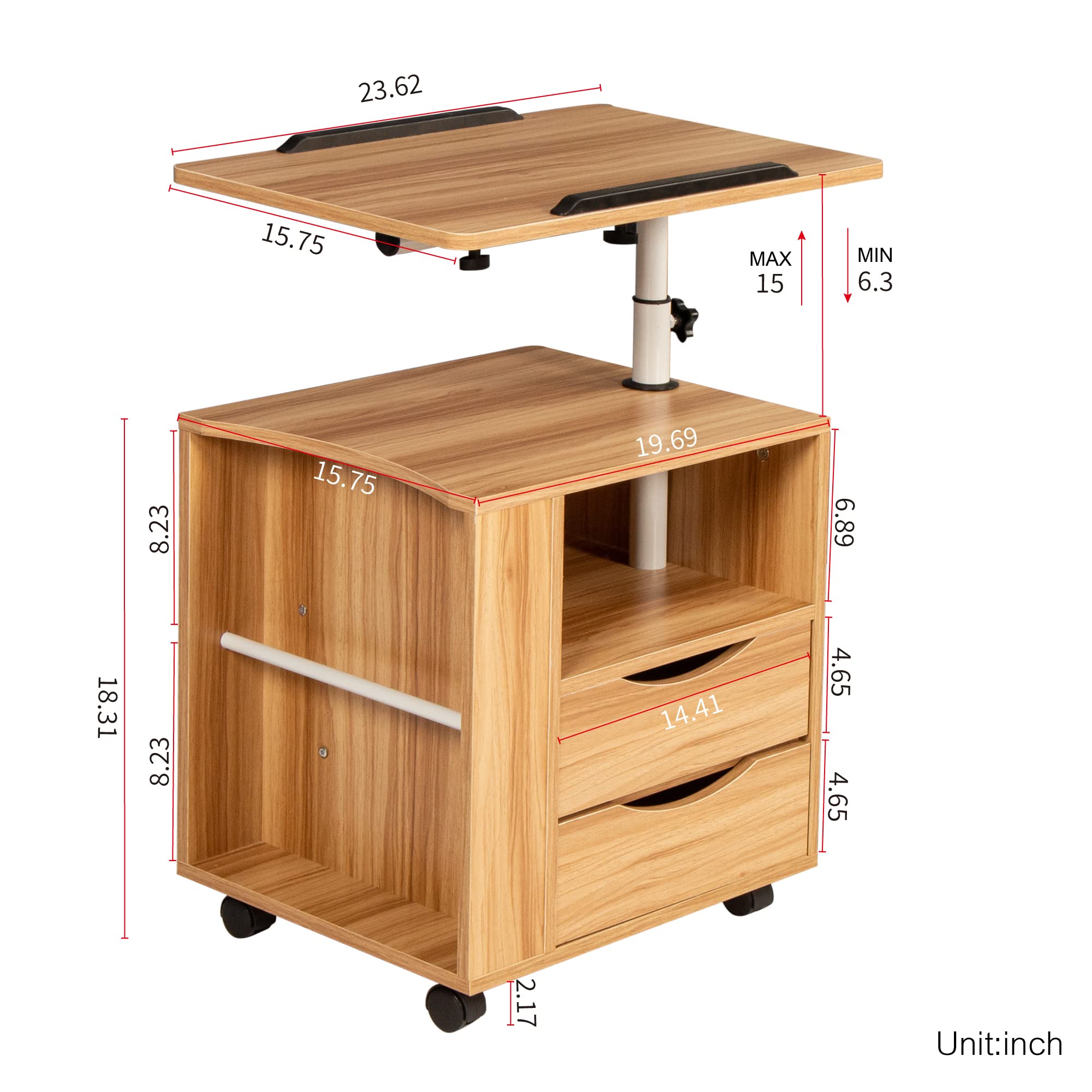 Swivel Top Nightstand End Table with 2 Drawers & 4 Wheels - Portable Rolling Bedside Table, Couch Laptop Desk for Bedroom & Living Room (Natural Wood Finish) - Perfect for Small Spaces, Home Office & Dorm Rooms