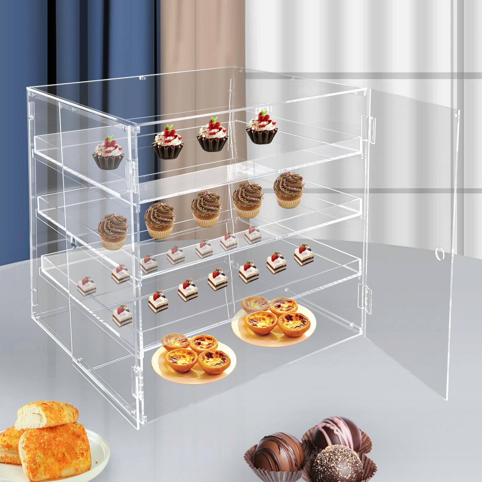 3-Tier Acrylic Pastry Display Case with Rear Doors - Clear Commercial Bakery Countertop Showcase for Baked Goods, Donuts, Bagels, Bread & Snacks - Perfect for Bakeries, Cafés, Dessert Shops & Retail Stores