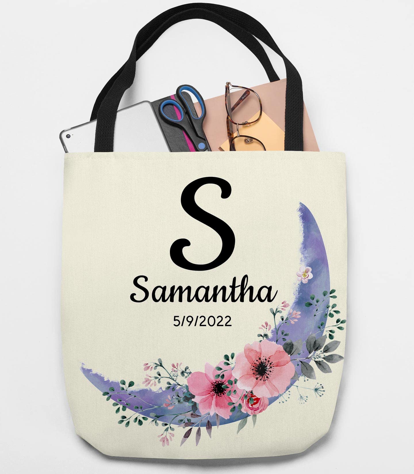Custom Floral Letter & Name Personalized Tote Bags - Reusable Grocery Shopping Bags for Women - Eco-Friendly Cotton Canvas Handbag for Daily Use, Beach, Work & Gift Giving