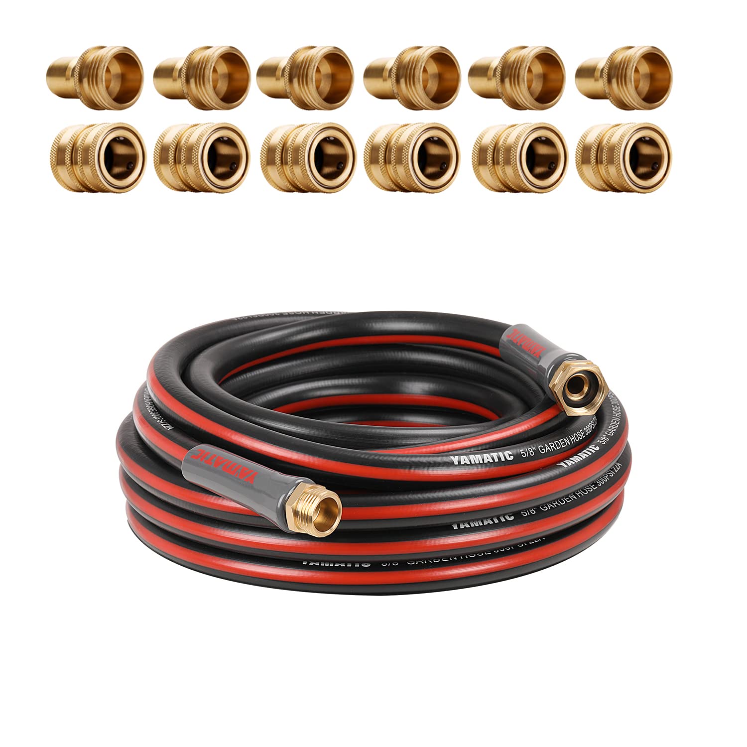 YAMATIC 5/8 Inch x 25 Feet Heavy Duty Garden Hose with Solid Brass Quick Connect Set - Perfect for Watering Plants, Washing Cars, and Outdoor Cleaning