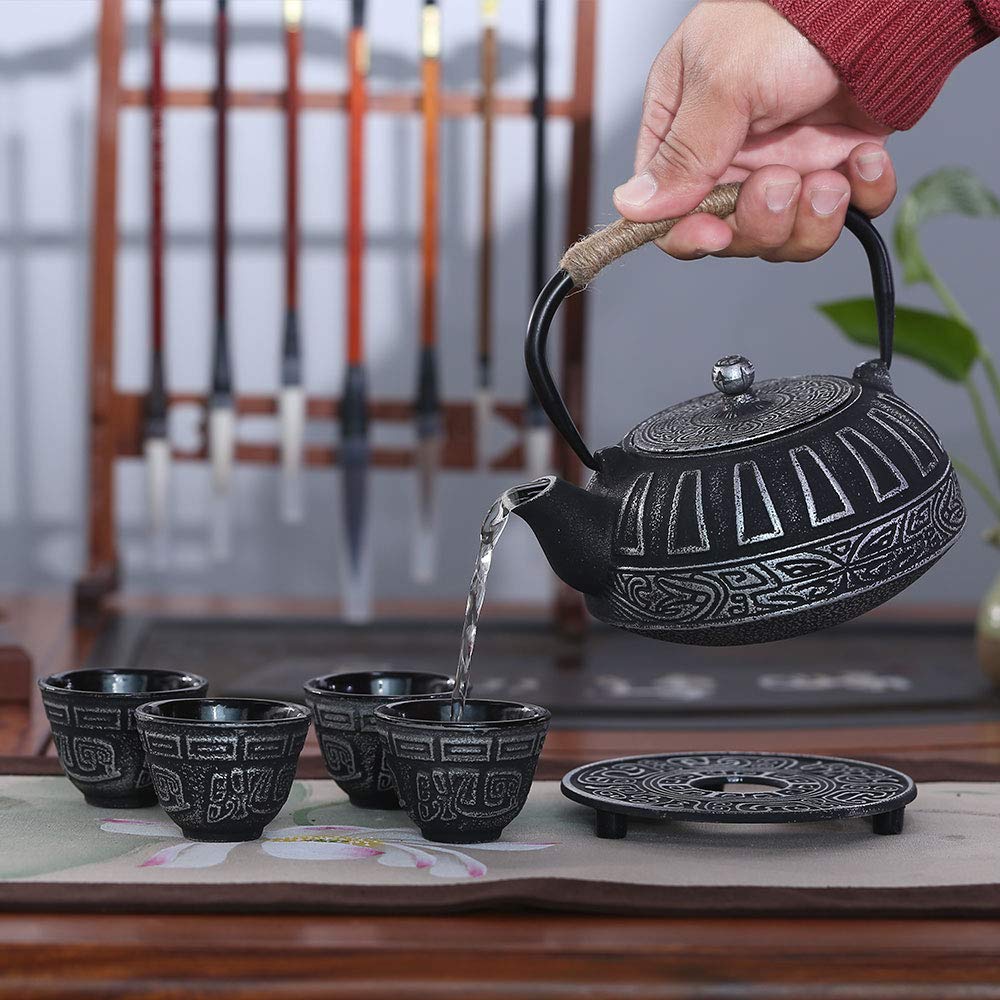 Premium Japanese Style Cast Iron Teapot Set with Infuser - 28oz Enameled Interior Tea Kettle & 4 Matching Teacups - Stovetop Safe Black Iron Teapot - Perfect for Tea Ceremonies, Home Decor & Thoughtful Gifts