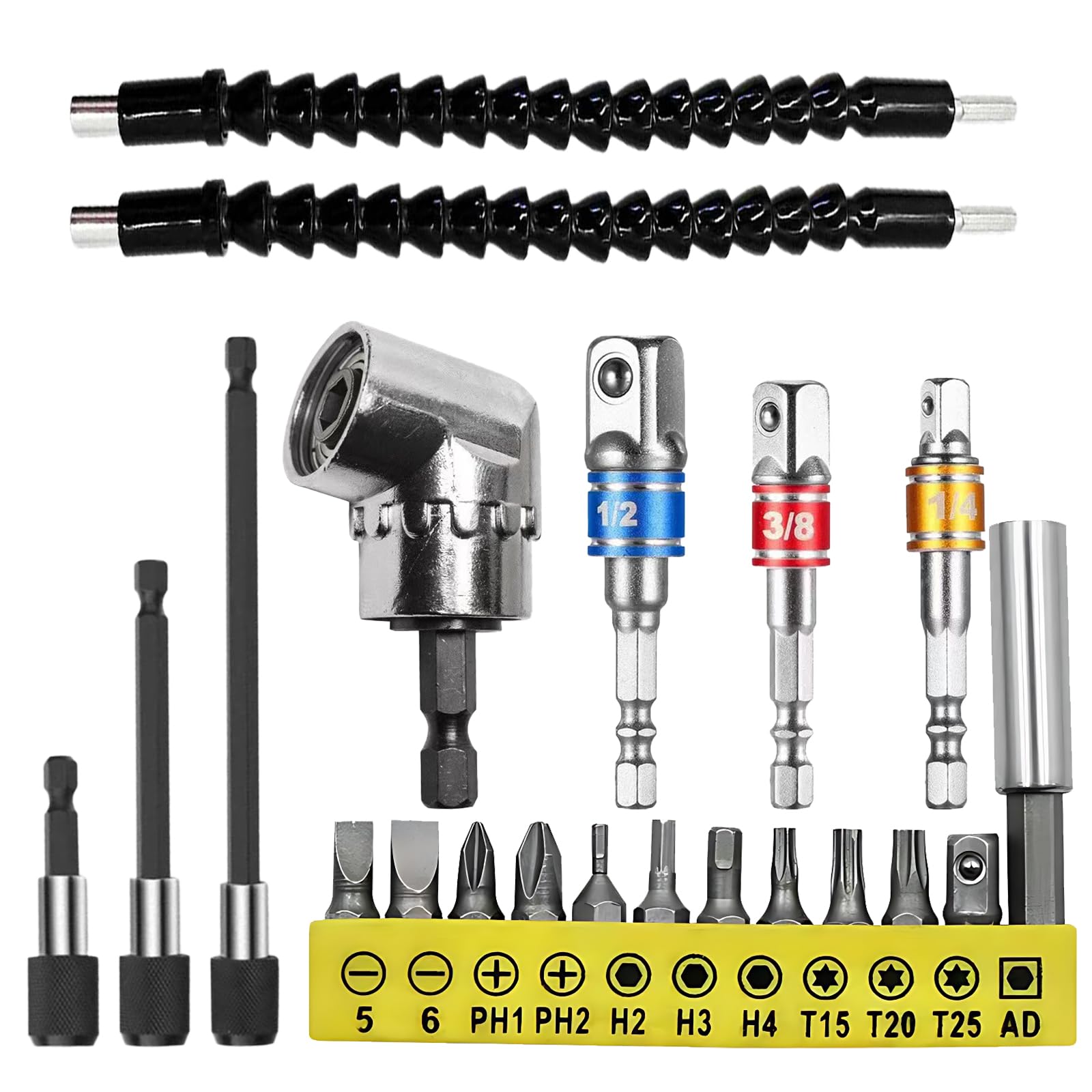 2PCS Flexible Drill Bit Extension, 1PCS 105° Right Angle Drill Attachment, Screwdriver Bit Set with 3PCS 1/4