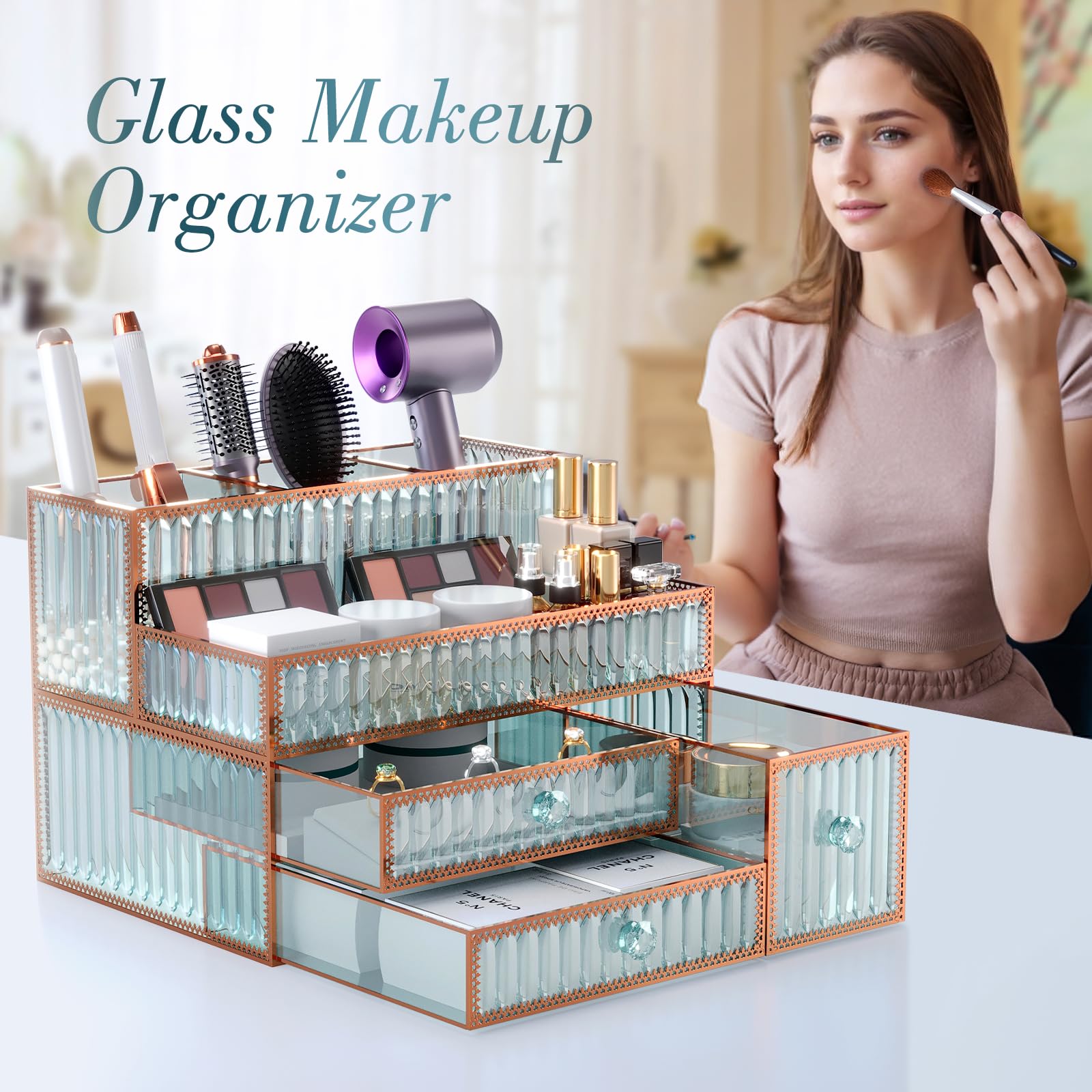 Tempered Glass Makeup Organizer - Cosmetic & Skincare Vanity Organizer for Brushes, Hair Tools, Perfume - Multipurpose Bathroom Countertop Storage | Perfect for Bedroom Vanity, Bathroom Counter & Dressing Table Organization