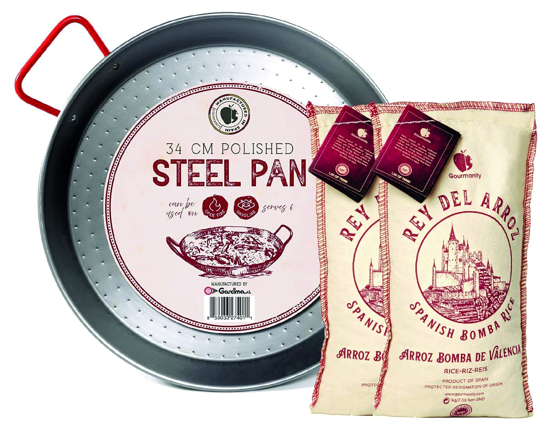 Gourmanity 13.5 Inch Professional Carbon Steel Paella Pan with Wooden Handle - Authentic Spanish Bomba Rice Included - Perfect for Outdoor Cooking, Family Gatherings & Spanish Cuisine