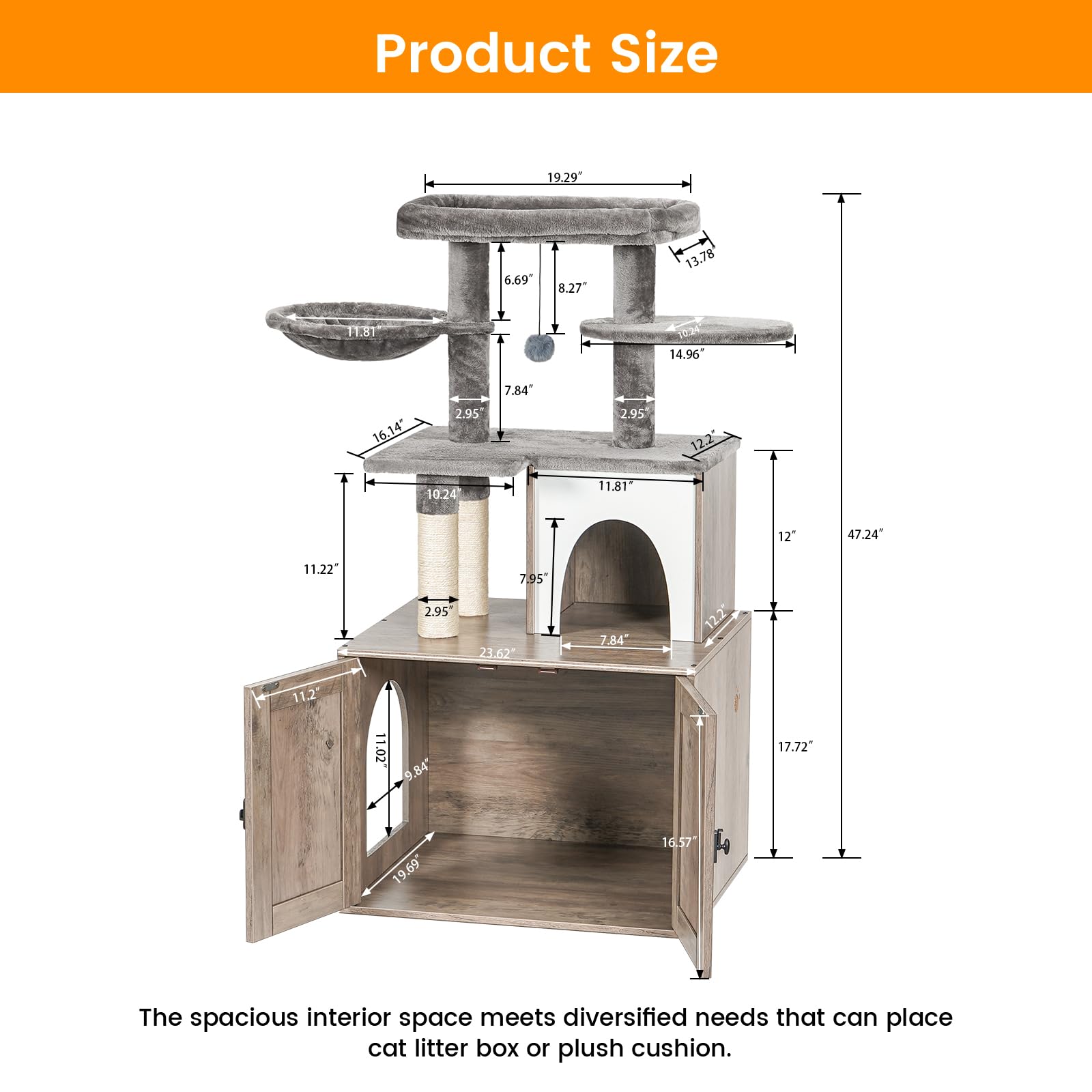 Snughome Wooden Cat Litter Box Enclosure with Tree Tower & Condo - Hidden Washroom Furniture with Sisal Scratching Post, Soft Plush Perch & Multi-Level Platforms - Grey Cat Furniture for Home Decor & Pet Comfort