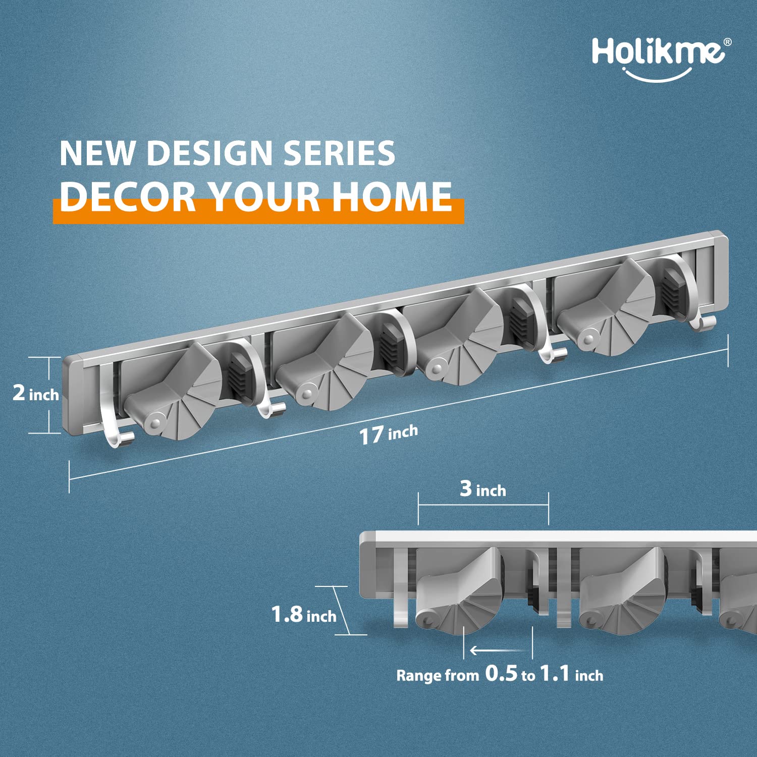 Holikme 4-Position Wall Mount Mop Broom Holder - Metal Pantry Organizer with 4 Hooks for Kitchen, Garden & Home Storage (Silver) - Perfect for Organizing Cleaning Tools in Laundry Rooms, Garages & Utility Closets