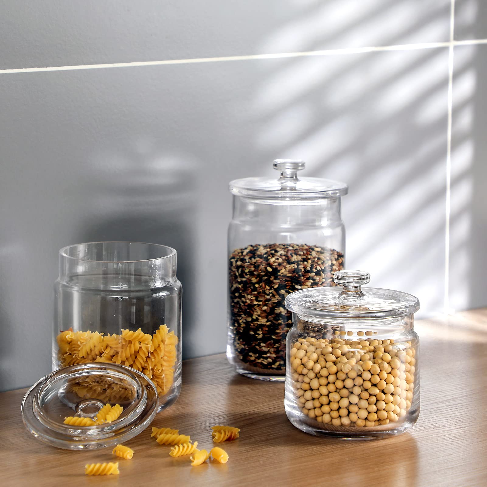 Premium Glass Pantry Storage Containers Set of 3 (23oz, 30oz, 40oz) - Airtight Food Storage Jars with Lids for Kitchen Countertop, Pantry & Laundry Room - Perfect for Candy, Nuts, Spices, Coffee & Dry Goods Organization