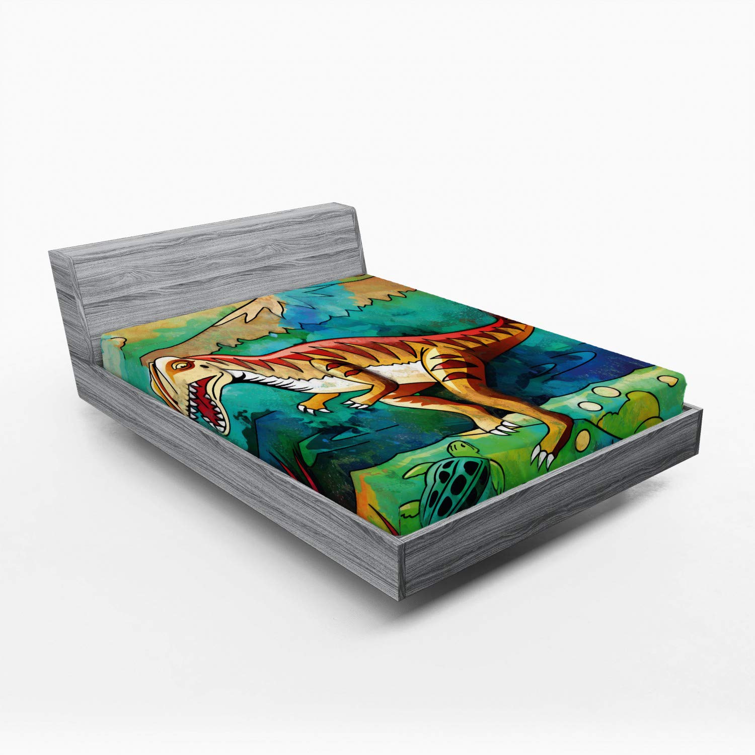 Ambesonne Dinosaur Fitted Sheet - Vibrant Velociraptor Illustration in Prehistoric Jungle Design | Deep Pocket Elastic Queen Size Bed Cover | Perfect for Kids' Rooms, Dinosaur Themed Bedrooms & Jurassic Decor