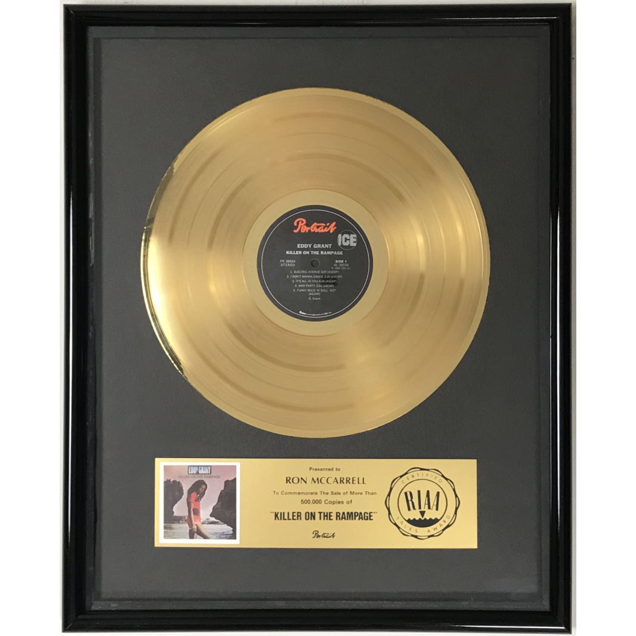 Eddy Grant Killer On The Rampage RIAA Gold Album Award - Vintage Vinyl Record for Music Collectors & 80s Disco Fans - Perfect for Home Decor, DJ Sets & Retro Music Parties