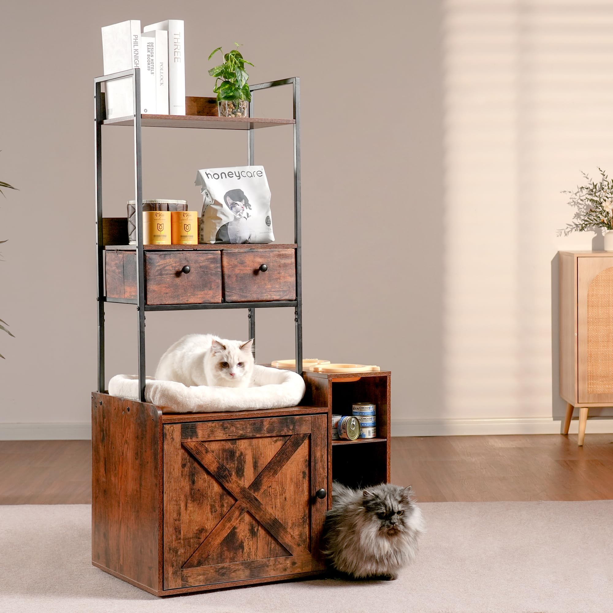 Heybrother Large Cat Litter Box Enclosure Furniture with 2 Storage Shelves & 2 Drawers - Hidden Litter Box Cabinet with Soft Cushion, Fits Most Litter Boxes & Supplies (Rustic Brown) - Perfect for Living Room, Bedroom or Home Office Pet Area