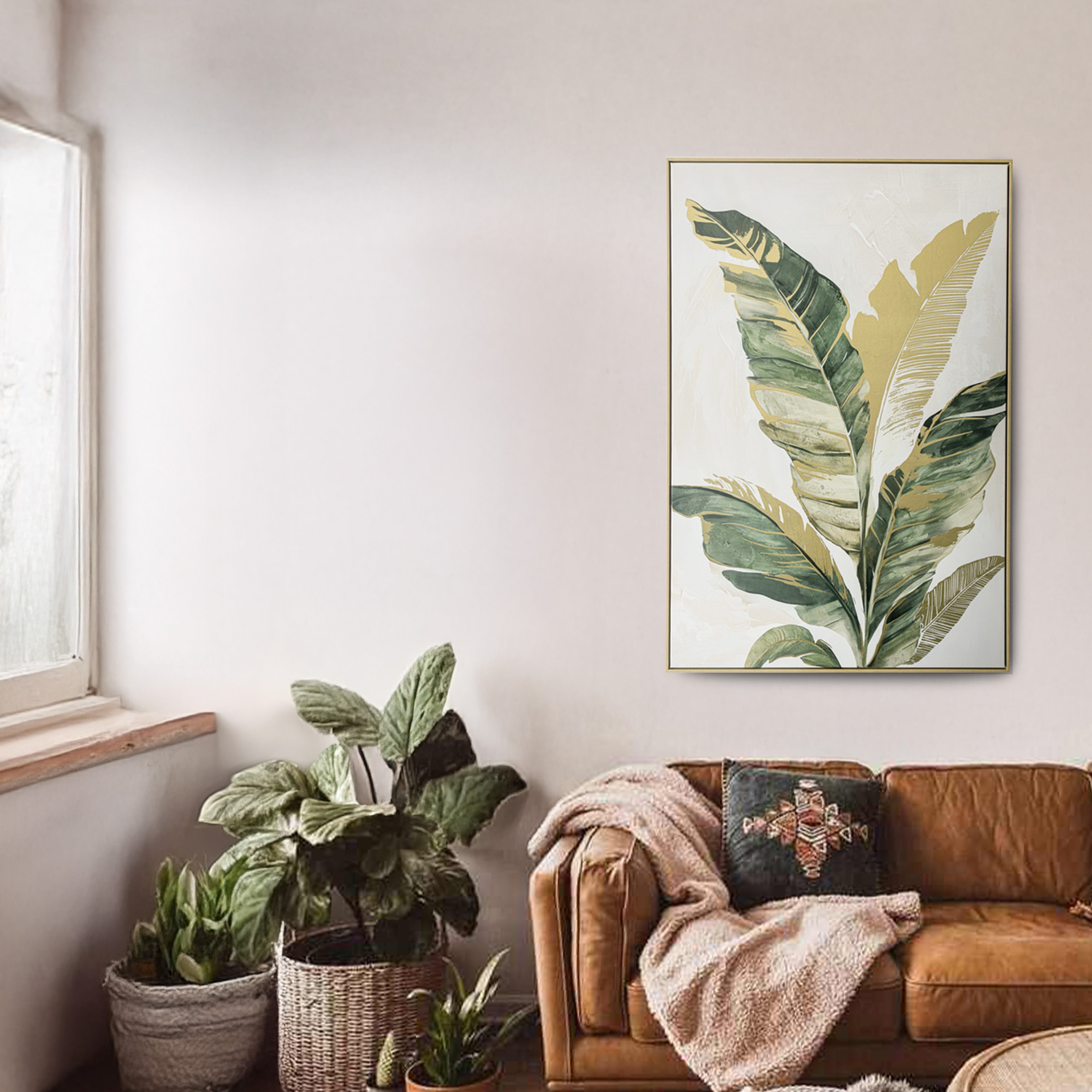 Urban Style Brushmarks Foiled Canvas Palm Wall Art - Tropical Decor for Living Room, Bedroom & Office