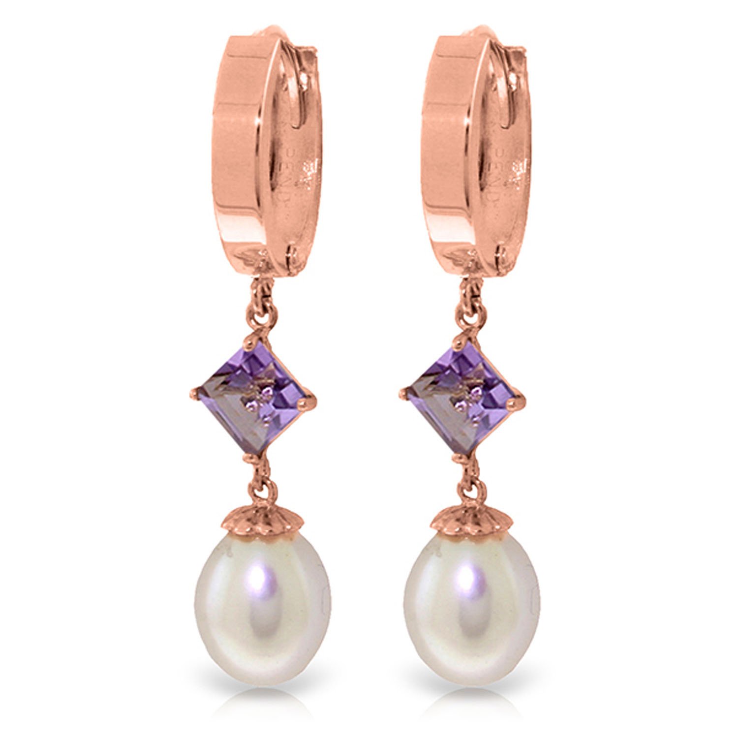 14K Solid Gold Hoop Earrings with Natural Pearls & Amethysts | Galaxy Gold GG | Elegant Dangle Earrings for Women | Perfect for Weddings, Parties & Special Occasions