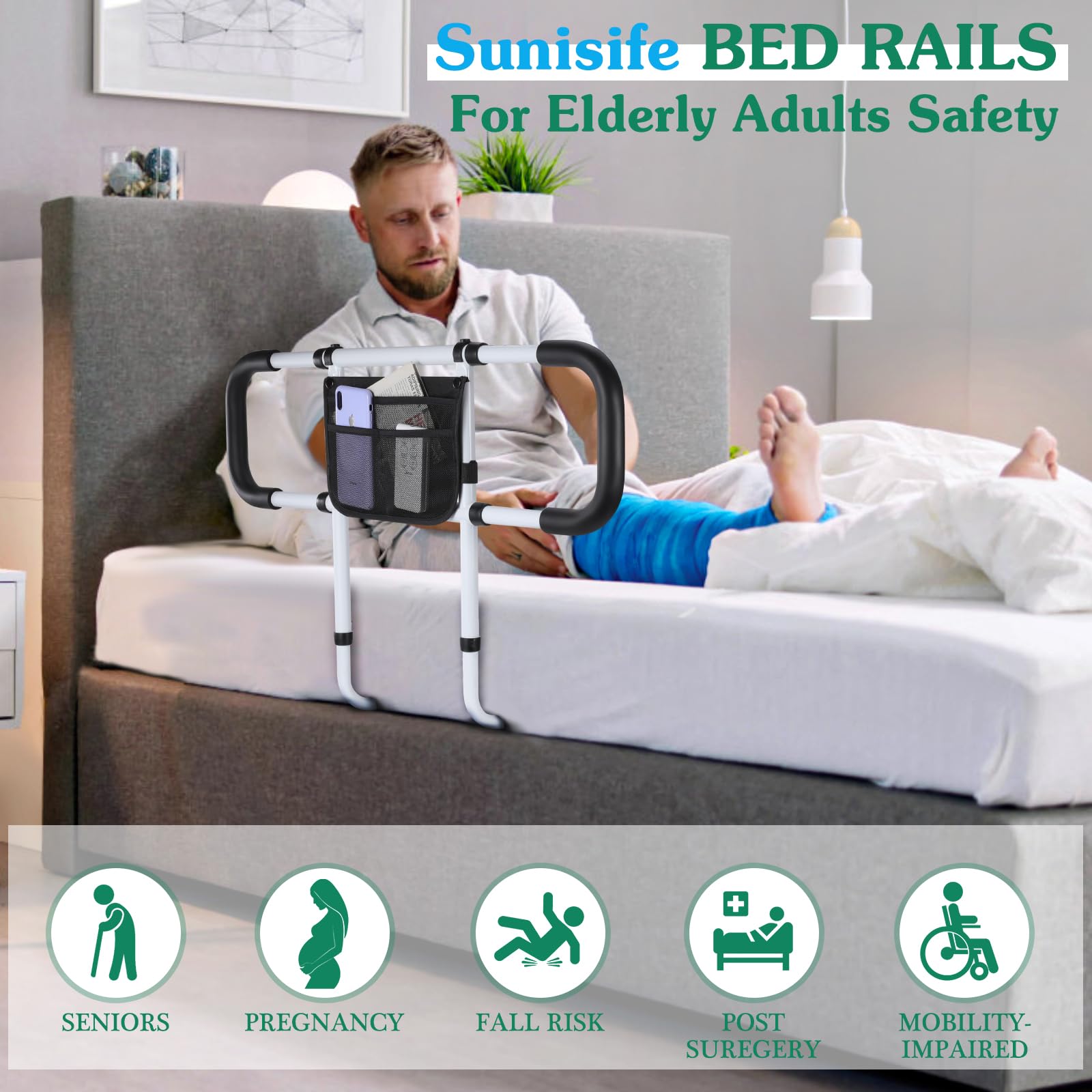 Elderly Bed Safety Rails - Adjustable Bed Assist Handles for Seniors with Storage Bag & Fixing Straps - Fits King, Queen, Full & Twin Beds - Ideal for Fall Prevention & Home Care Assistance