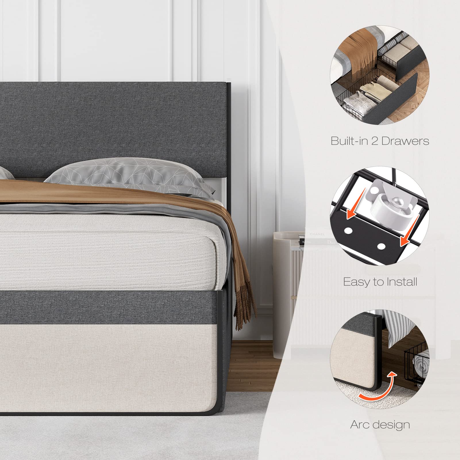 IDEALHOUSE Queen Size Bed Frame with 2 Storage Drawers - Upholstered Platform Bed with Headboard & Steel Slat Support, No Box Spring Needed - Perfect for Small Bedrooms & Guest Rooms