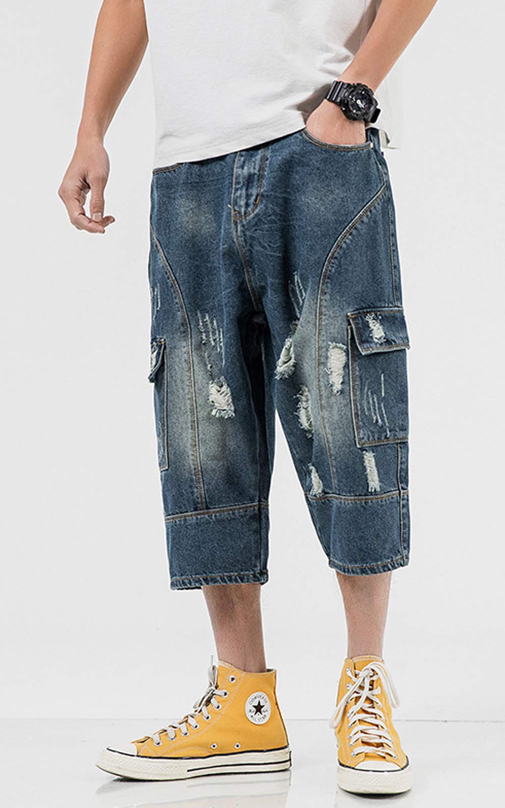 Men's Loose-Fit Ripped Harem Capri Jeans - Baggy Denim Cargo Shorts with Distressed Holes | Casual Streetwear for Summer Outfits & Hip Hop Fashion