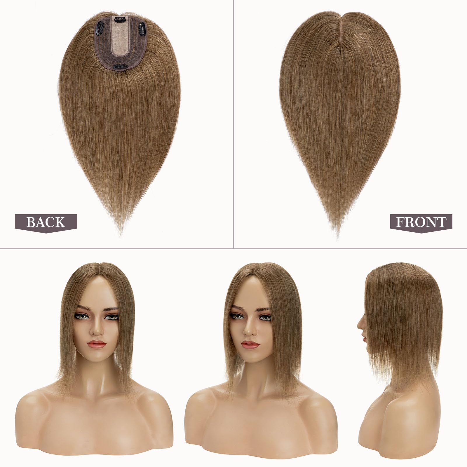 Hairro 100% Human Hair Topper for Women – 18 Inch Light Brown Clip-In Hairpiece with 4