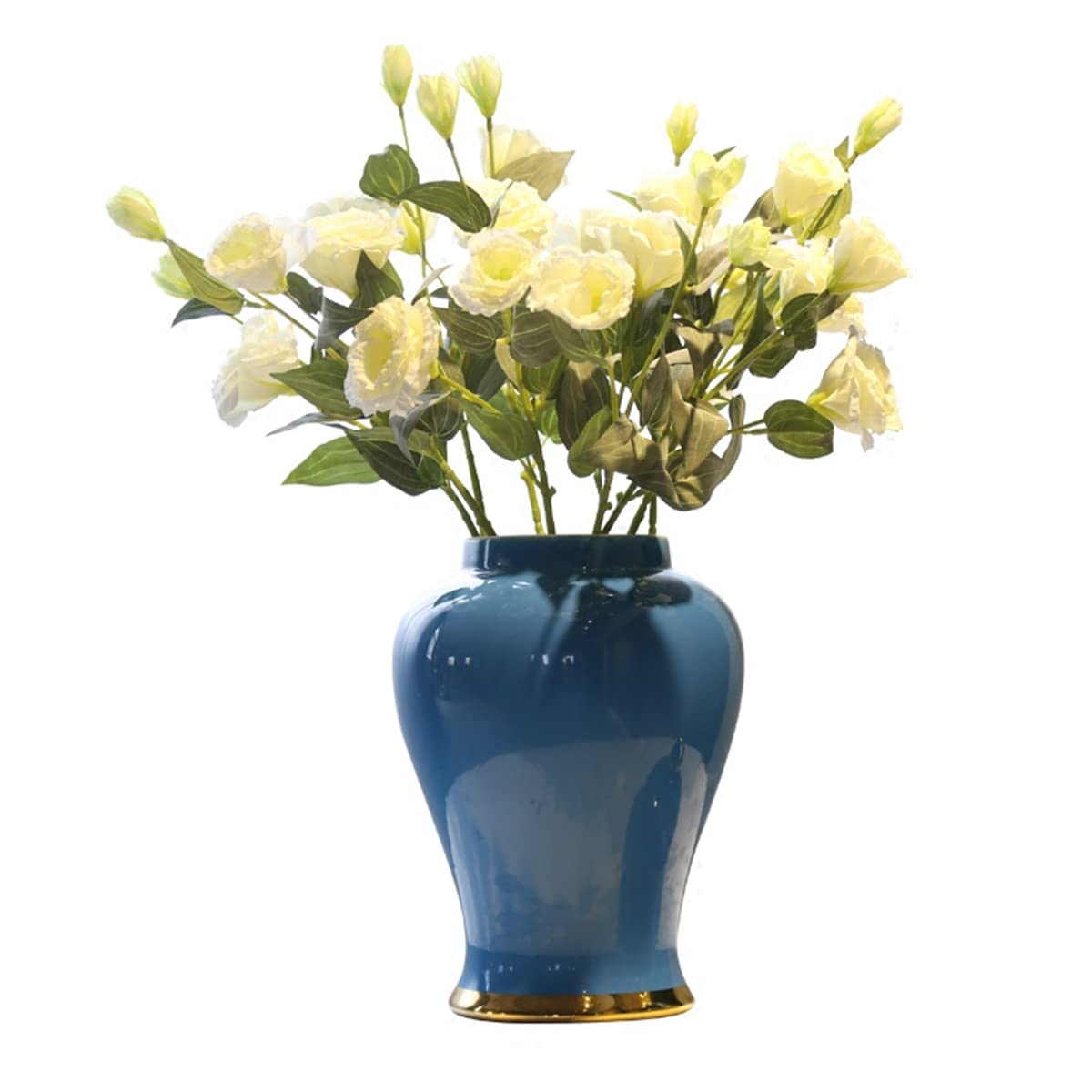 Modern Porcelain Ginger Jar Vase Set with Lid - 9 White Bellflower Artificial Flowers, Ceramic Home Decor for Table Centerpiece, Tea Storage & Sealed Containers - Perfect for Living Room, Dining Table & Wedding Decor