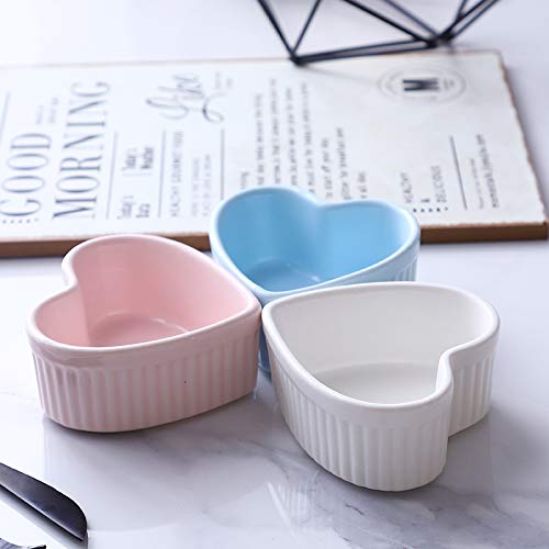 Heart-Shaped Porcelain Ramekin Bowls Set of 4 - Colias Wing Lines Design for Souffle, Creme Brulee & Baking (Blue/Pink/White) | Perfect for Dessert Serving, Kitchen Decor & Gift Giving